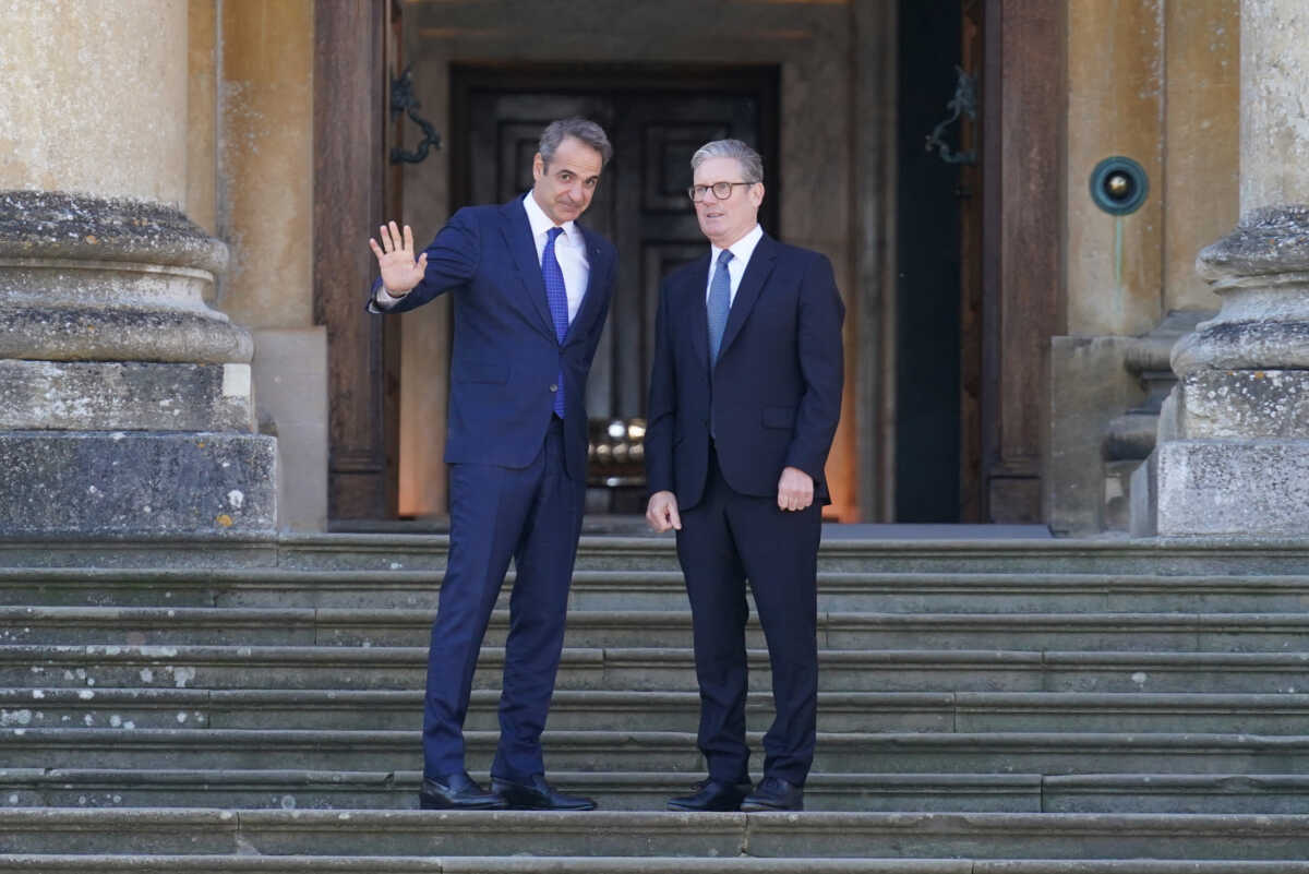 Prime Minister of the Hellenic Republic Kyriakos Mitsotakis is welcomed by British Prime Minister  Keir Starmer to the European Political Community summit at Blenheim Palace in Woodstock, Oxfordshire. Picture date: Thursday July 18, 2024.  Stefan Rousseau