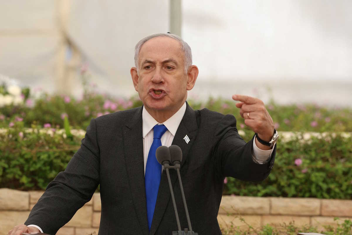 FILE PHOTO: Israeli Prime Minister Benjamin Netanyahu attends the state memorial ceremony for the Altalena martyrs at the Nachalat Yitzhak cemetery in Givatayim, Israel, on 18 June 2024. Shaul Golan