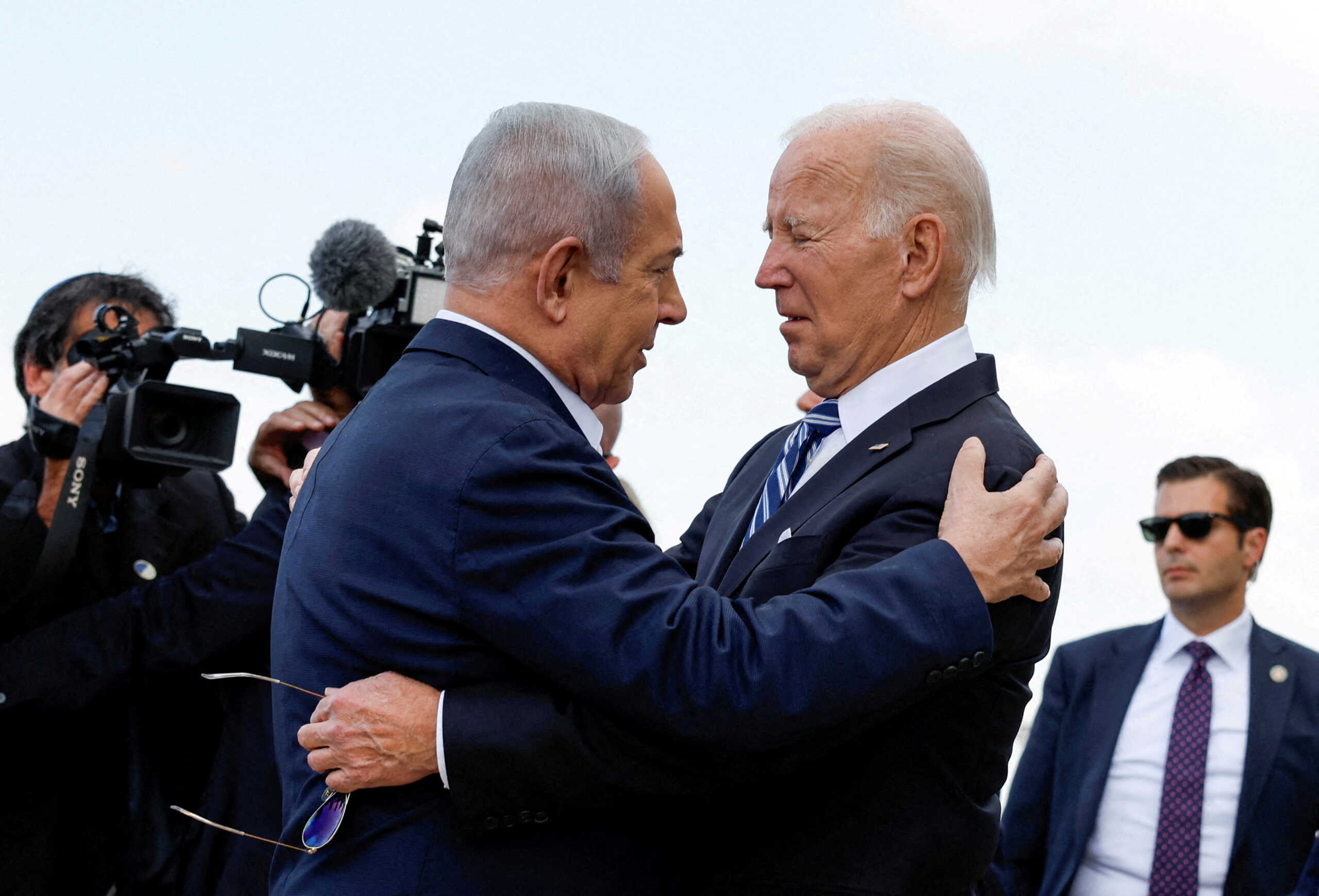 FILE PHOTO: U.S. President Joe Biden is welcomed by Israeli Prime Minster Benjamin Netanyahu, as he visits Israel amid the ongoing conflict between Israel and Hamas, in Tel Aviv, Israel, October 18, 2023. REUTERS
