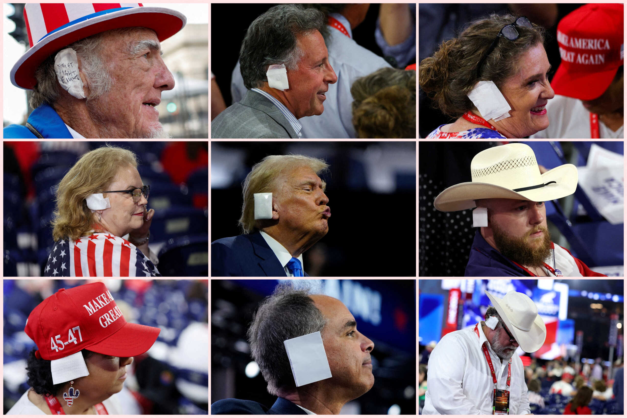 A combination image shows Republican presidential nominee and former U.S. President Donald Trump with a bandaged ear after he was injured in an assassination attempt, and supporters and attendees wearing bandages over their ears in tribute to Trump during the Republican National Convention (RNC) in Milwaukee, Wisconsin, U.S., July 16, 2024 and July 17, 2024. REUTERS