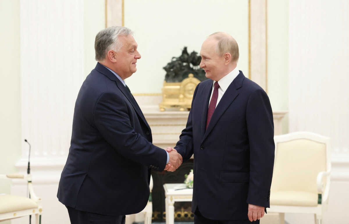 Russia's President Vladimir Putin shakes hands with Hungary's Prime Minister Viktor Orban during a meeting at the Kremlin in Moscow, Russia July 5, 2024. Sputnik