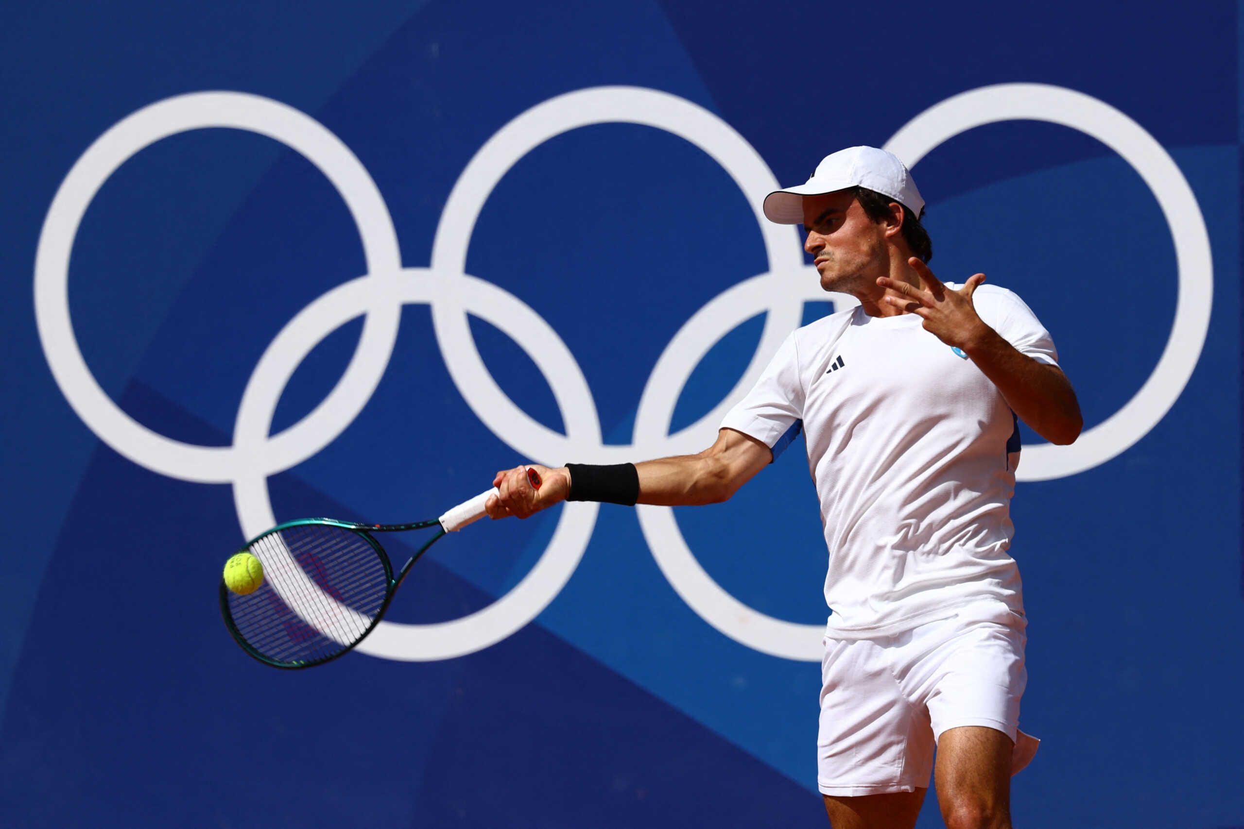 Paris 2024 Olympics - Tennis - Men's Singles First Round - Roland-Garros Stadium, Paris, France - July 28, 2024. Petros Tsitsipas of Greece in action during his first round match against Tallon Griekspoor of Netherlands. REUTERS