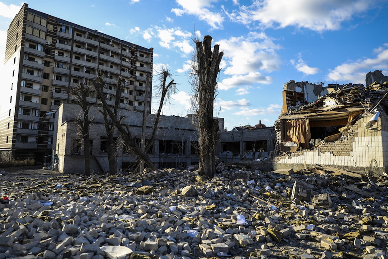 epa09818273 A building that was destroyed by a bomb  near the school number 25 in Zhytomyr, Ukraine, 11 March 2022. According to the United Nations refugee agency UNHCR, over 2.5 million people have fled Ukraine since the Russian invasion began on 24 February. Many, however, have decided to stay and fight.  EPA