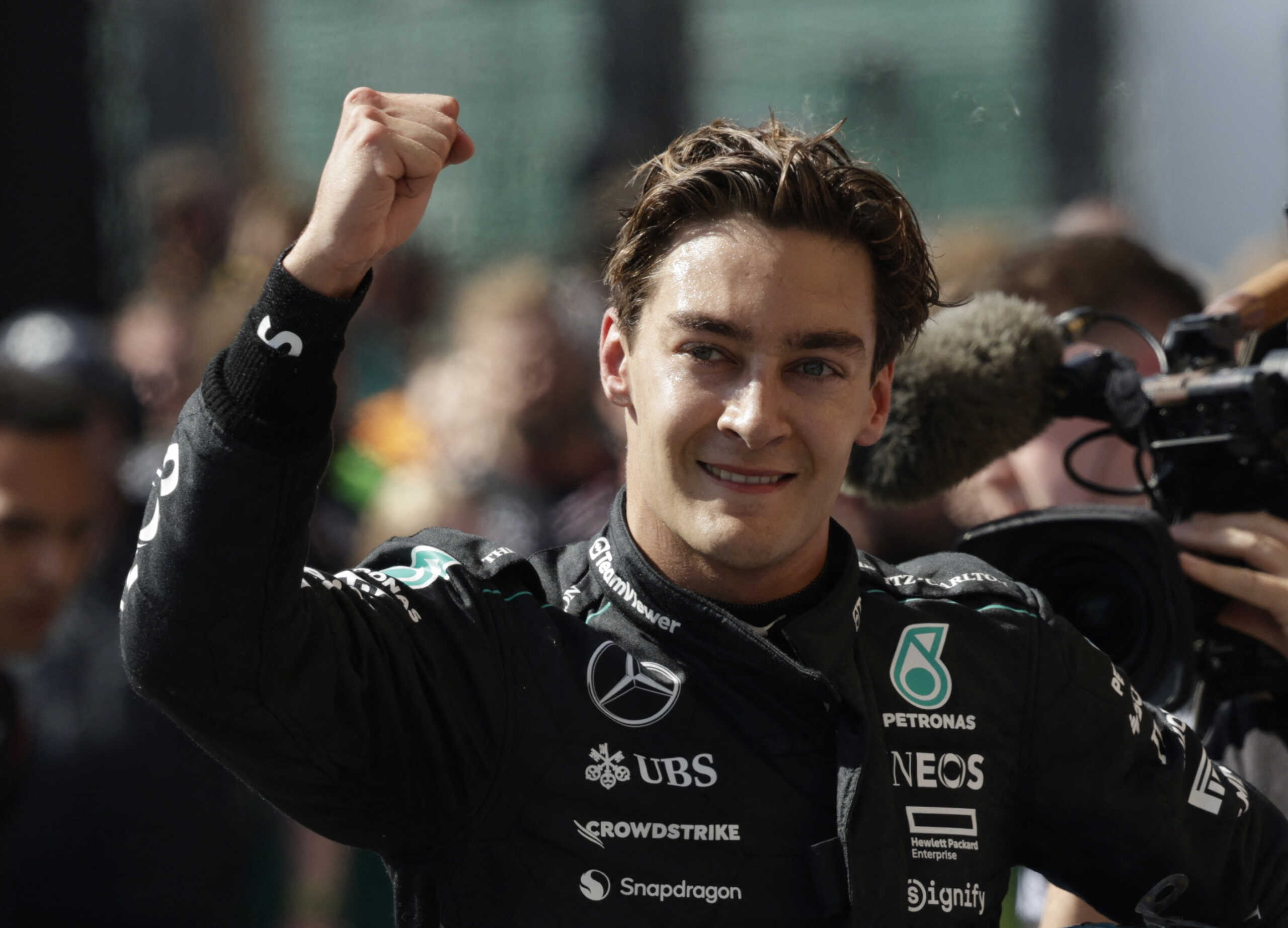 Formula One F1 - Belgian Grand Prix - Circuit de Spa-Francorchamps, Stavelot, Belgium - July 28, 2024 Mercedes' George Russell celebrates winning the Belgian Grand Prix REUTERS