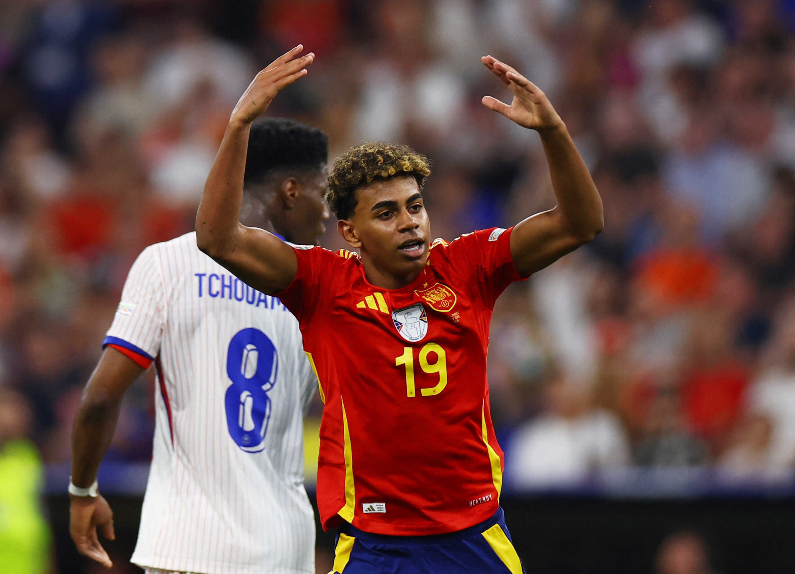 Soccer Football - Euro 2024 - Semi Final - Spain v France - Munich Football Arena, Munich, Germany - July 9, 2024  Spain's Lamine Yamal reacts REUTERS