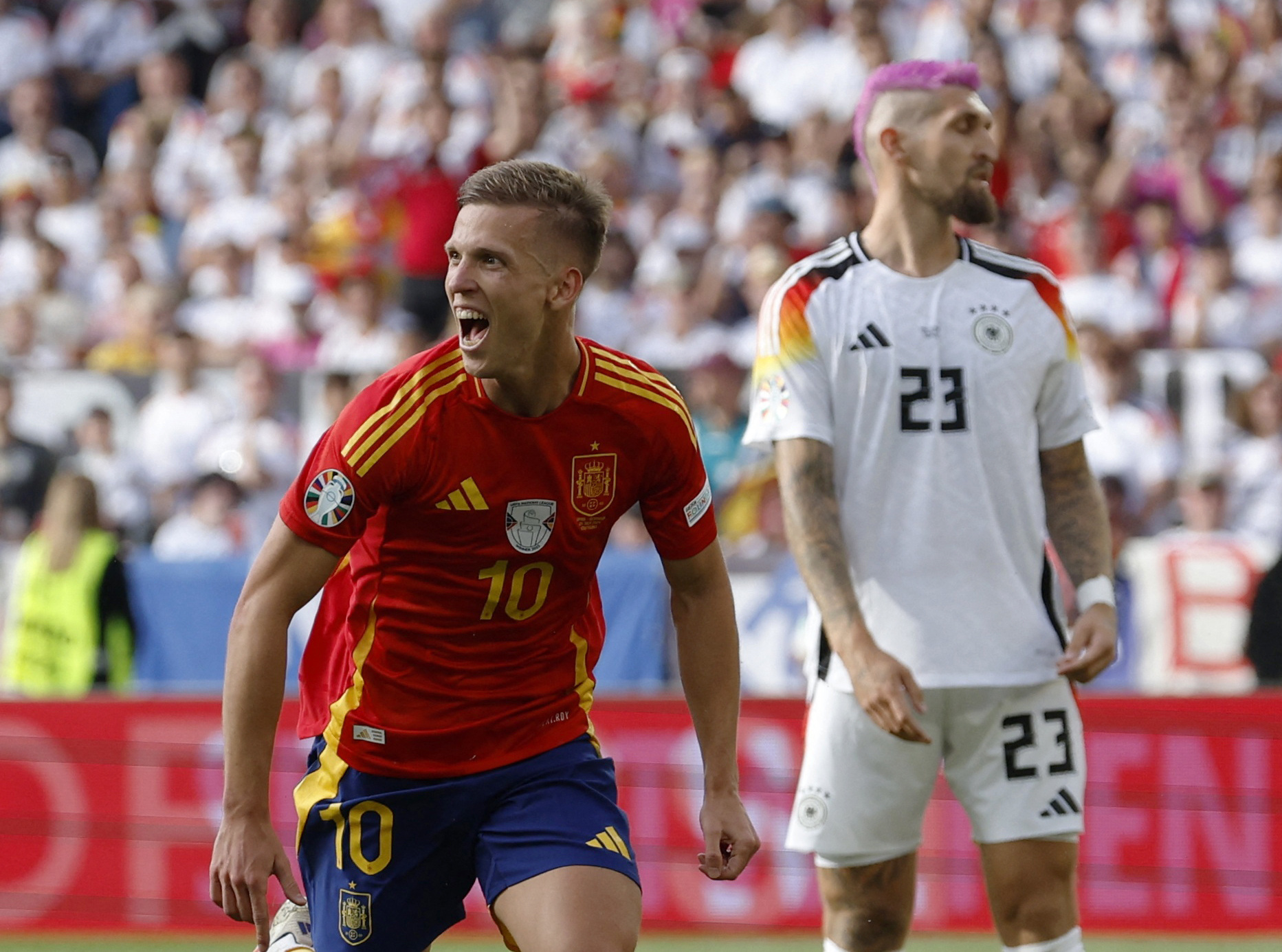 Soccer Football - Euro 2024 - Quarter Final - Spain v Germany - Stuttgart Arena, Stuttgart, Germany - July 5, 2024 Spain's Dani Olmo celebrates scoring their first goal REUTERS