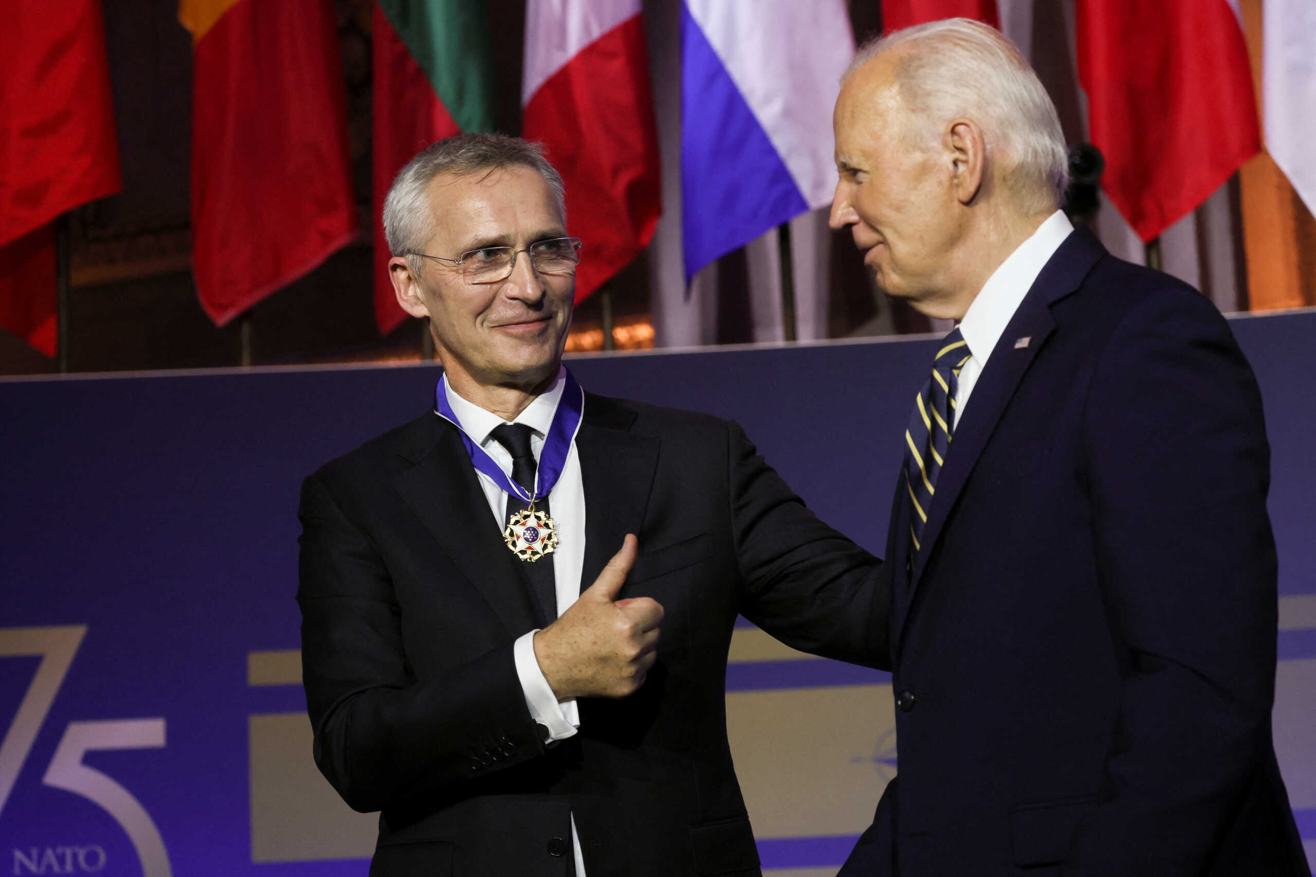 U.S. President Joe Biden awards NATO Secretary General Jens Stoltenberg with the Presidential Medal of Freedom at a NATO event to commemorate the 75th anniversary of the alliance, in Washington, U.S., July 9, 2024. REUTERS