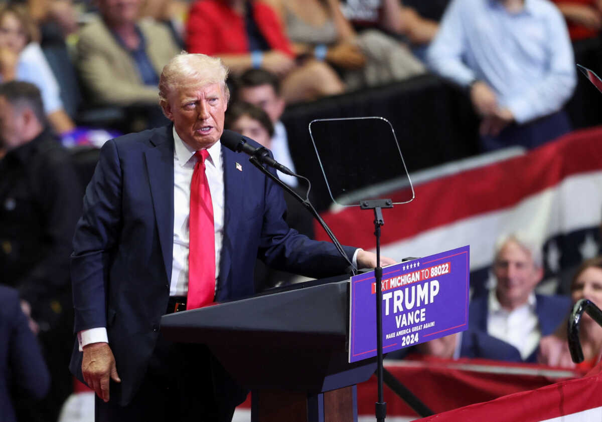 Republican presidential nominee and former U.S. President Donald Trump speaks, as he holds a campaign rally for the first time with his running mate, Republican vice presidential nominee U.S. Senator J.D. Vance (R-OH) in Grand Rapids, Michigan, U.S. July 20, 2024. REUTERS