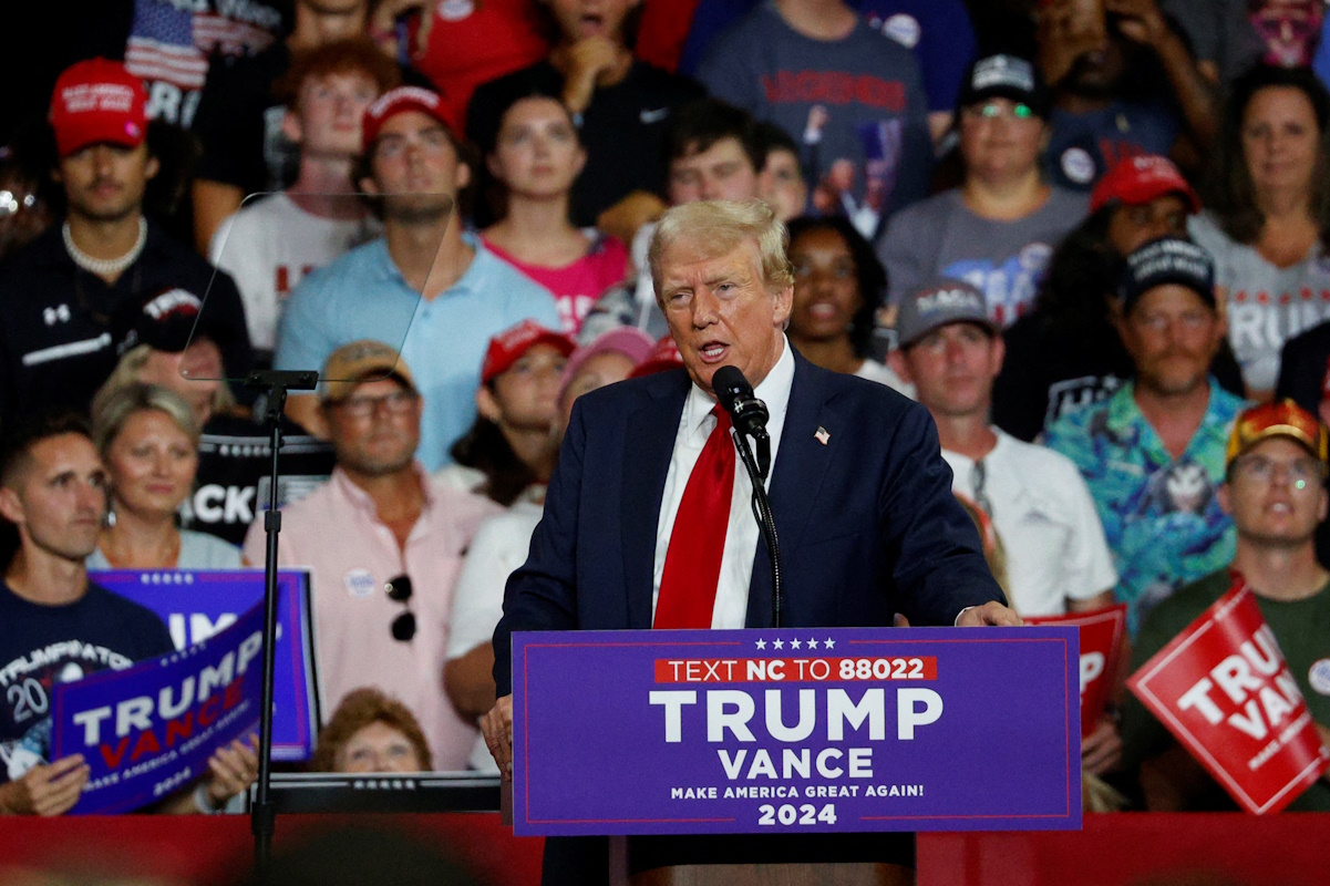 Republican presidential nominee and former U.S. President Donald Trump speaks as he campaigns in Charlotte, North Carolina, U.S. July 24, 2024.  REUTERS
