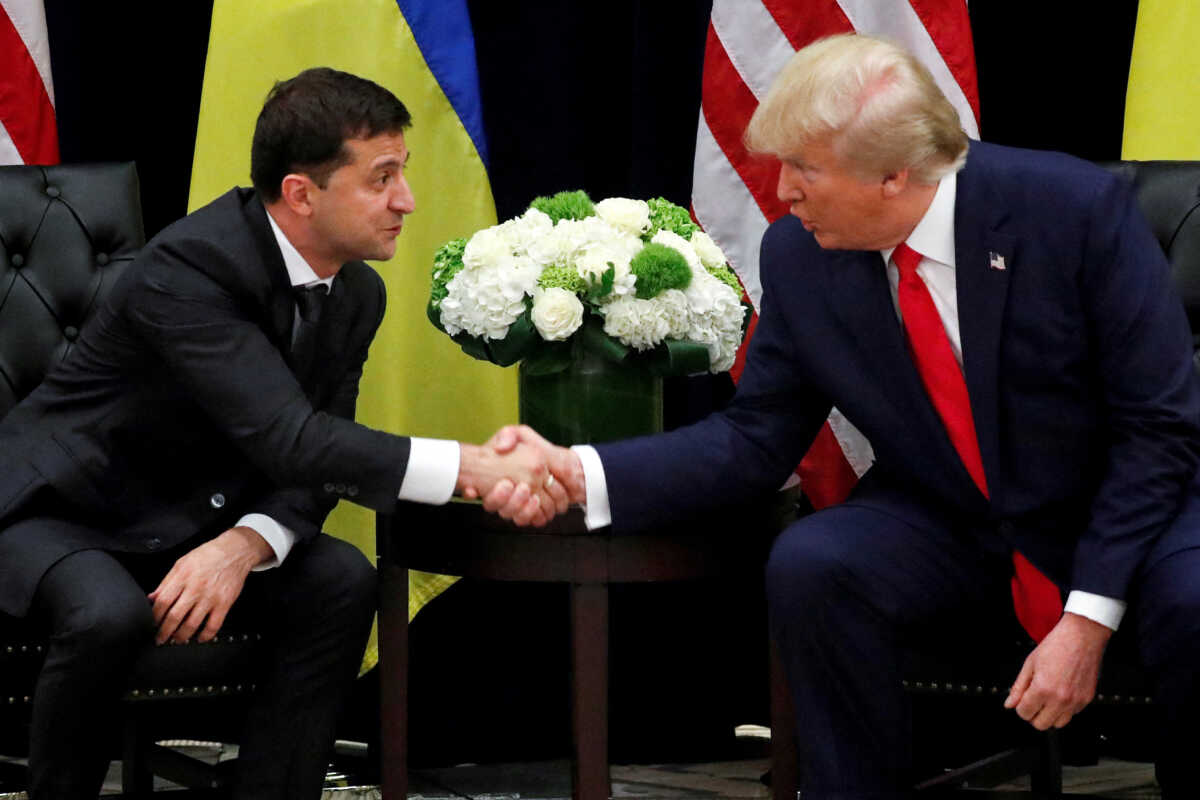 FILE PHOTO: Ukraine's President Volodymyr Zelenskiy greets U.S. President Donald Trump during a bilateral meeting on the sidelines of the 74th session of the United Nations General Assembly (UNGA) in New York City, New York, U.S., September 25, 2019. REUTERS