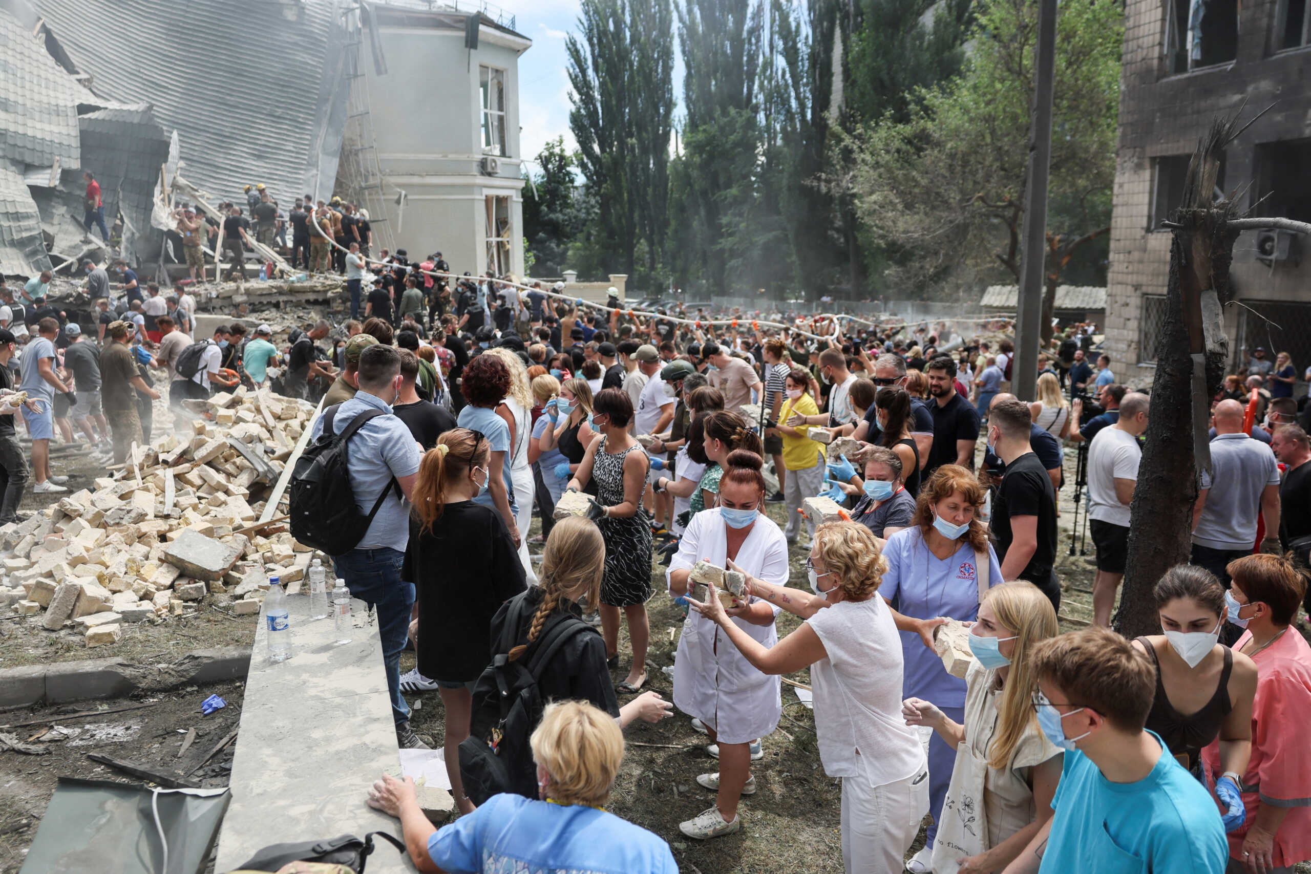 Rescuers work at Ohmatdyt Children's Hospital that was damaged during Russian missile strikes, amid Russia's attack on Ukraine, in Kyiv, Ukraine July 8, 2024. REUTERS