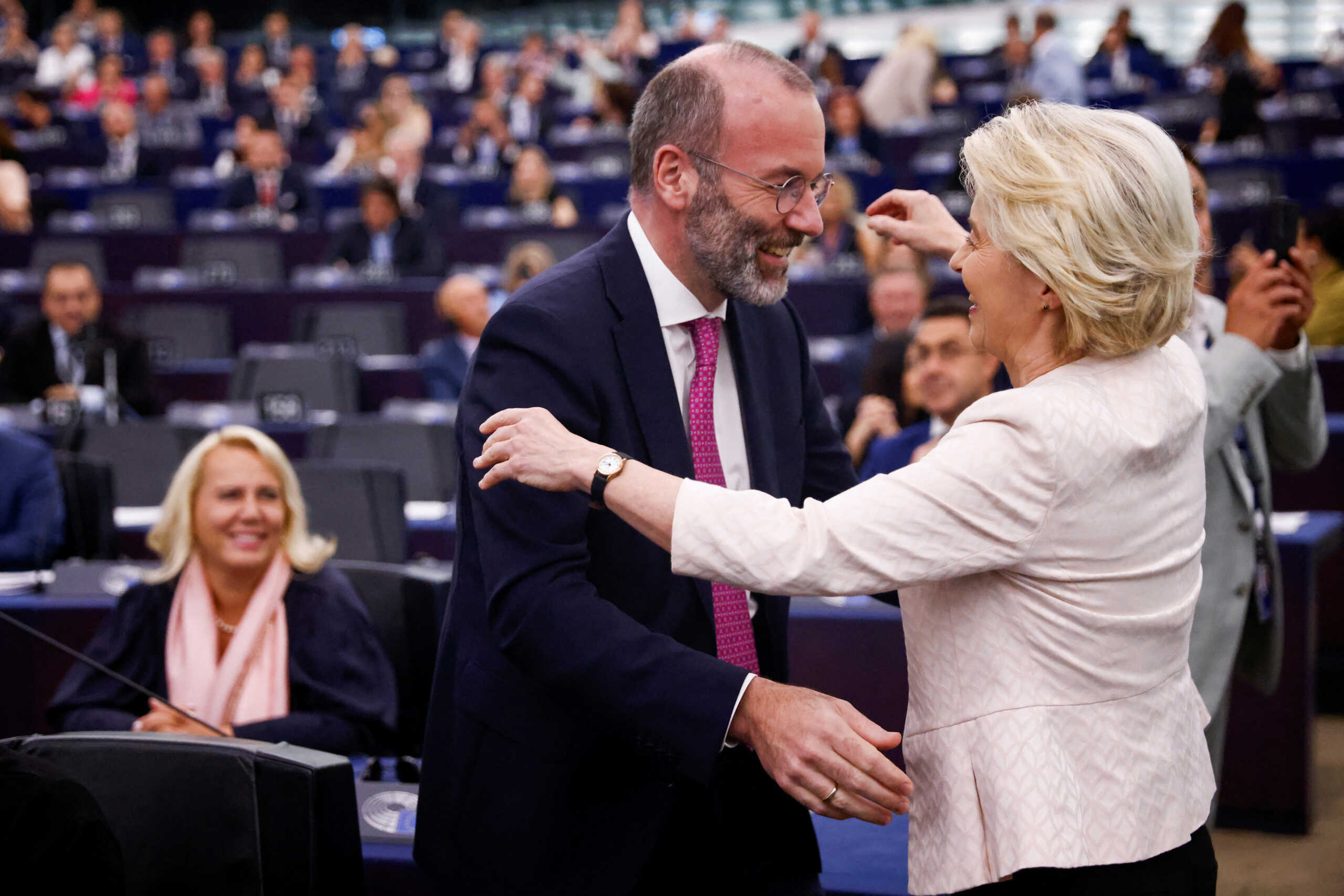 Ursula von der Leyen is congratulated after being chosen President of the European Commission for a second term, at the European Parliament in Strasbourg, France, July 18, 2024. REUTERS