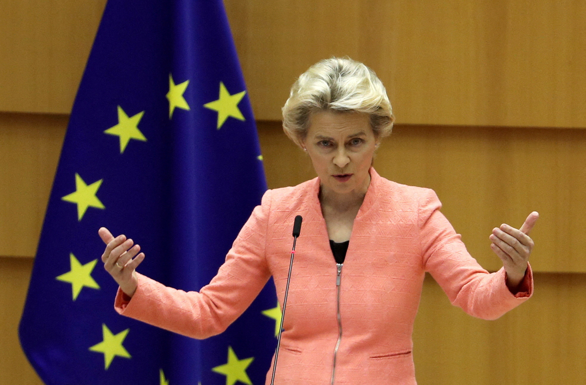 FILE PHOTO: European Commission President Ursula von der Leyen gestures as she addresses her first State of the European Union speech during a plenary session of the European Parliament as the coronavirus disease (COVID-19) outbreak continues, in Brussels, Belgium September 16, 2020. REUTERS