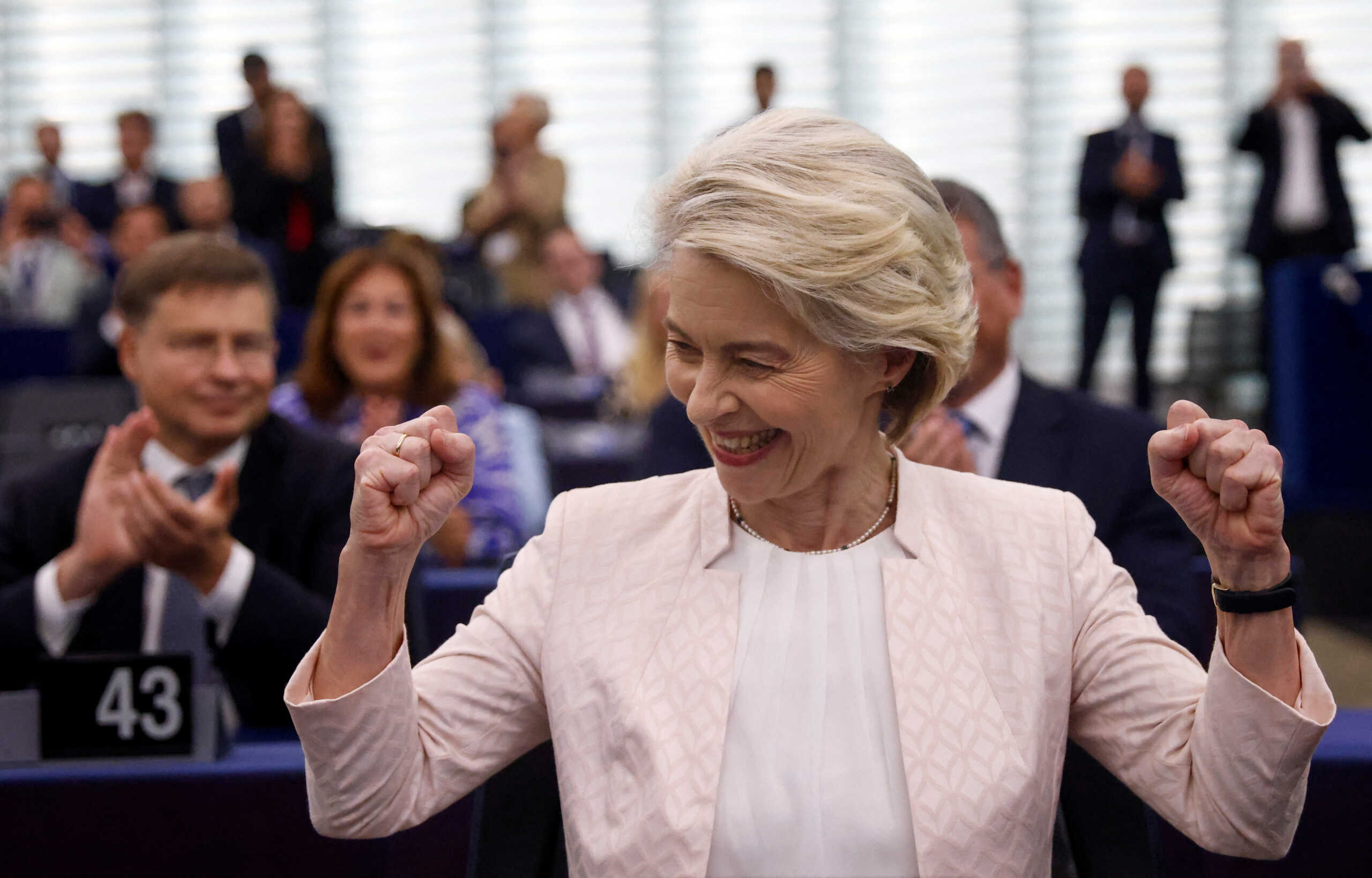 Ursula von der Leyen reacts after being chosen President of the European Commission for a second term, at the European Parliament in Strasbourg, France, July 18, 2024. REUTERS