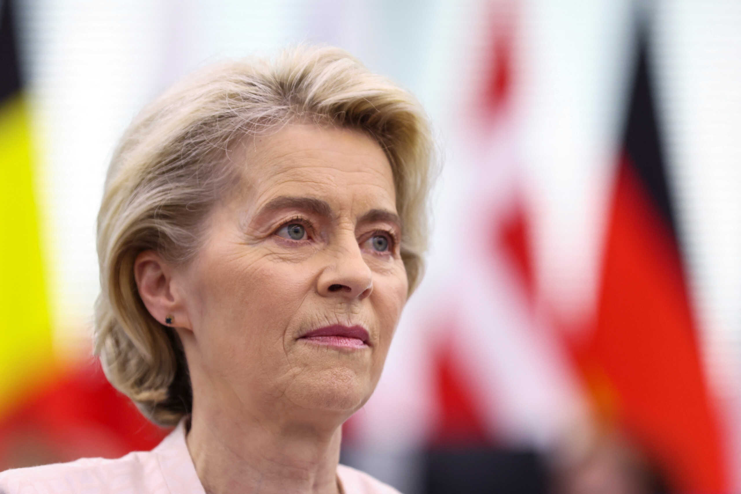 Ursula von der Leyen looks on as she addresses lawmakers before a vote to choose the next President of the European Commission, at the European Parliament in Strasbourg, France, July 18, 2024. REUTERS