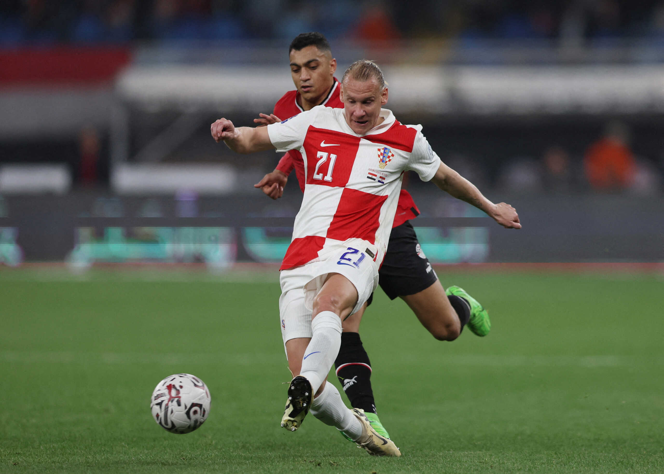 FILE PHOTO: Soccer Football - International Friendly - Egypt v Croatia - Misr Stadium, New Administrative Capital - Cairo, Egypt - March 26, 2024 Croatia's Domagoj Vida shoots at goal REUTERS