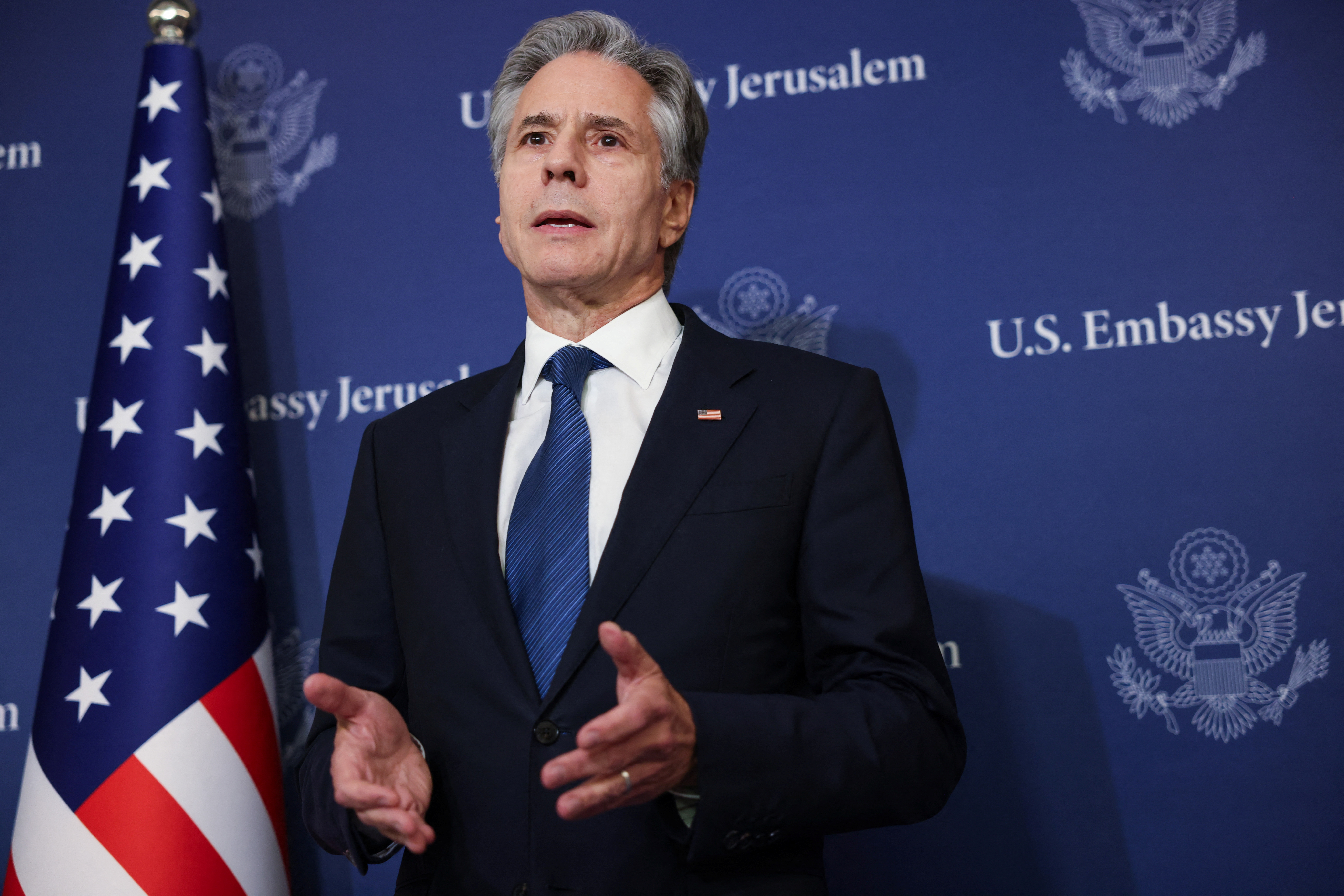 U.S. Secretary of State Antony Blinken speaks to members of the press, at David Kempinski Hotel, in Tel Aviv, Israel, August 19, 2024. REUTERS