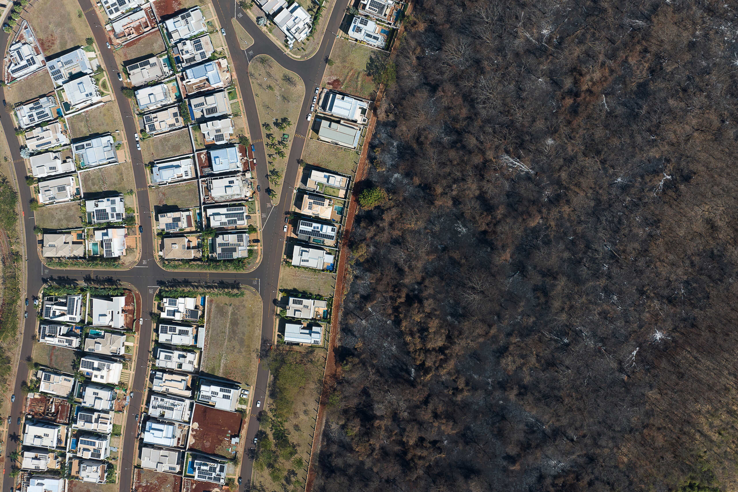 A drone view shows of burnt vegetation next to a luxury condominium after a series of fires in plantations in Ribeirao Preto, Sao Paulo state, Brazil, August 26, 2024. REUTERS