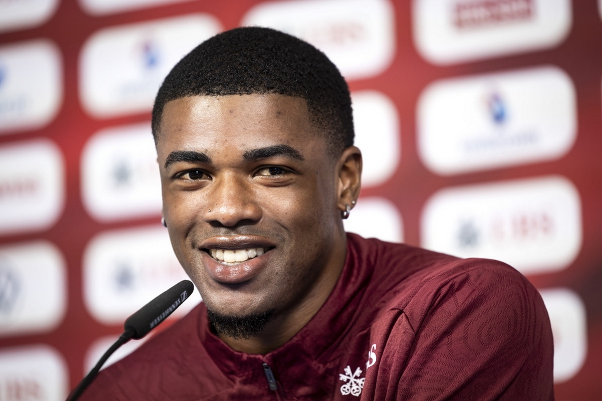 epa11454279 Kwadwo Duah of Switzerland attends a press conference at the Stadion auf der Waldau in Stuttgart, Germany, 03 July 2024. Switzerland will face England in the UEFA EURO 2024 quarter-finals on 06 July in Duesseldorf.  EPA
