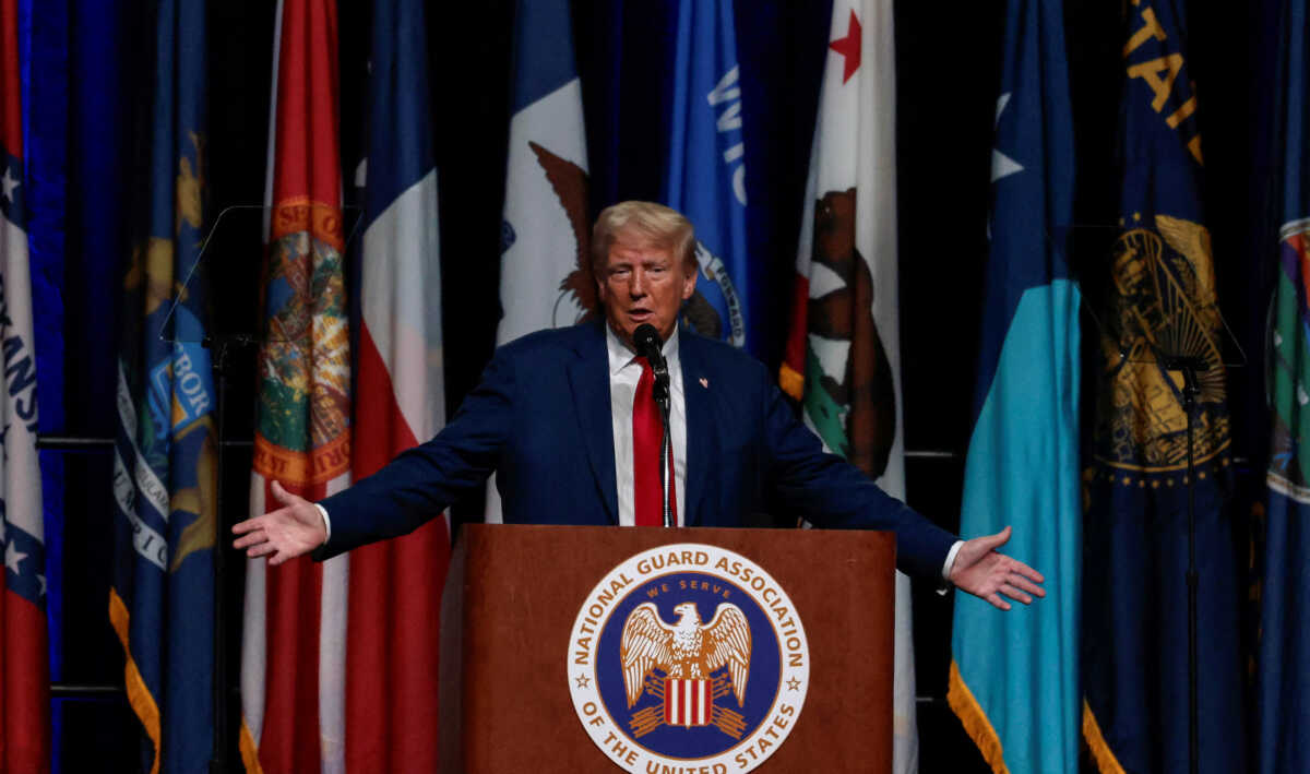 Republican presidential nominee and former U.S. President Donald Trump speaks at the National Guard of the United States NGAUS General Conference in Detroit, Michigan U.S., August 26, 2024.  REUTERS