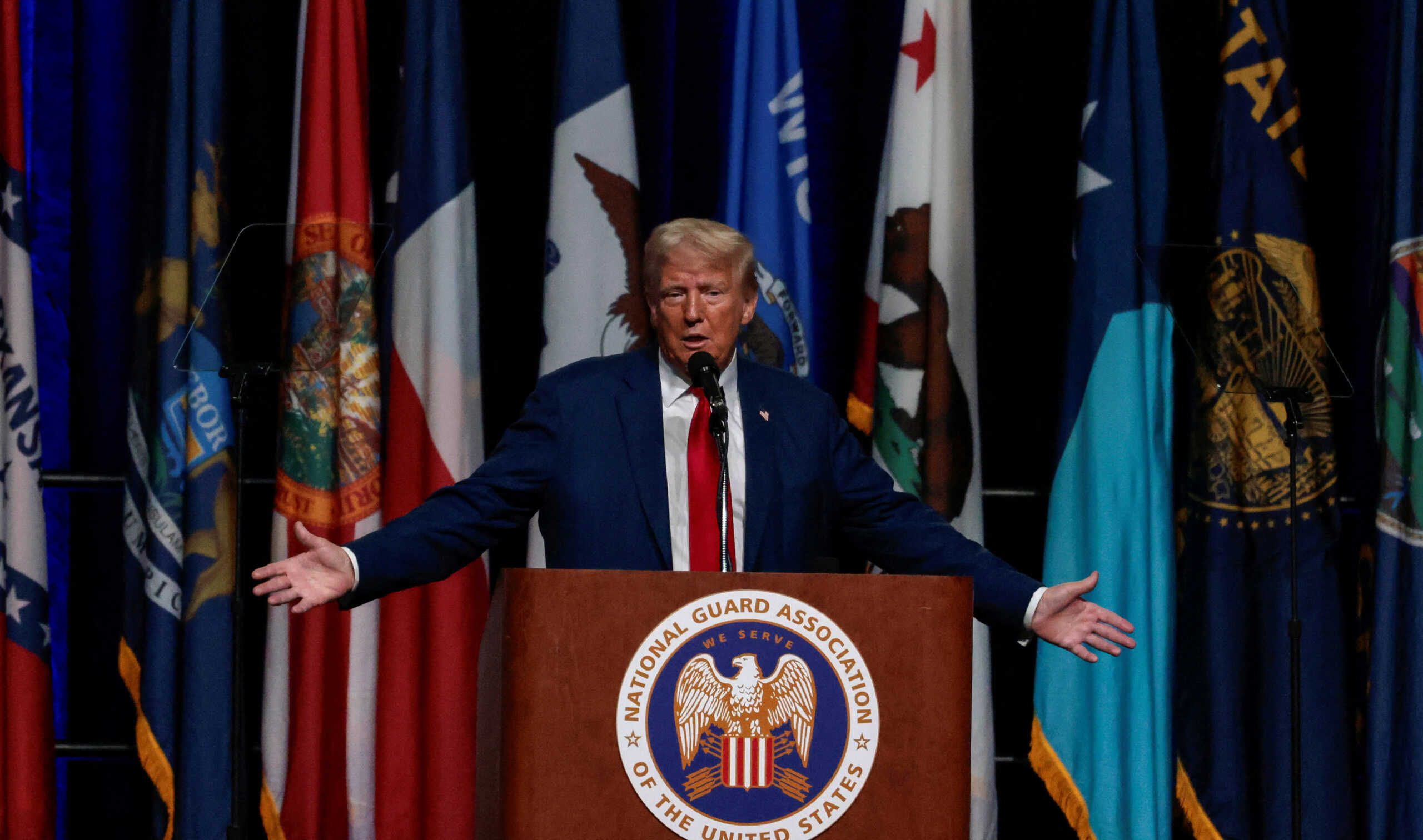 Republican presidential nominee and former U.S. President Donald Trump speaks at the National Guard of the United States NGAUS General Conference in Detroit, Michigan U.S., August 26, 2024.  REUTERS