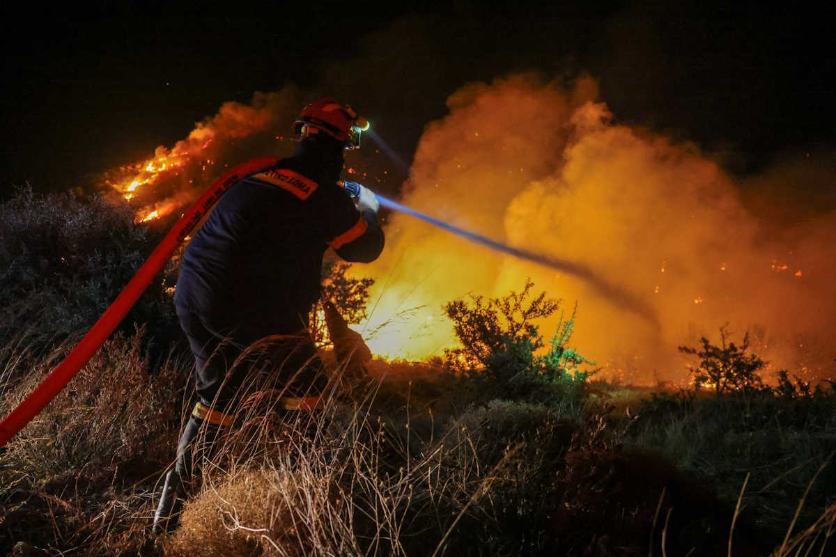 A firefighter tries to tackle a wildfire burning near the village of Petries on the island of Evia, Greece, July 30, 2024. REUTERS