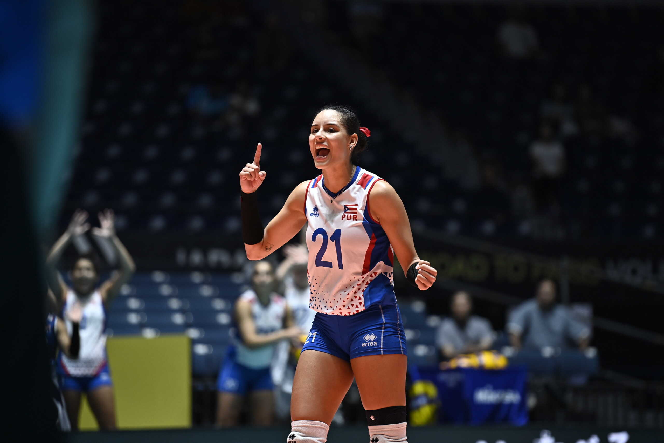 TOKYO, JAPAN - SEPTEMBER 22 : Pilar Marie Victoria (21) of Puerto Rico reacts during the match between Puerto Rico and Argentina on the fifth day of the Pool B of the Pool B of the 2023 FIVB Paris Olympic Qualifier