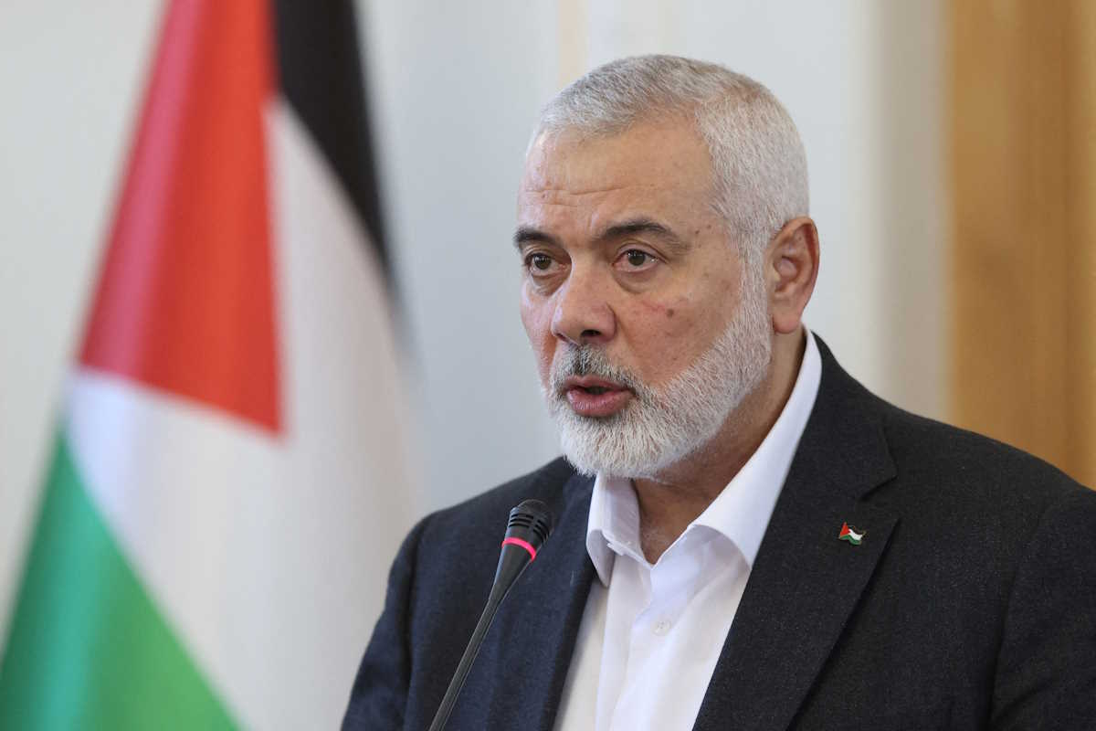 FILE PHOTO: Palestinian group Hamas' top leader, Ismail Haniyeh speaks during a press conference in Tehran, Iran, March 26, 2024. Majid Asgaripour