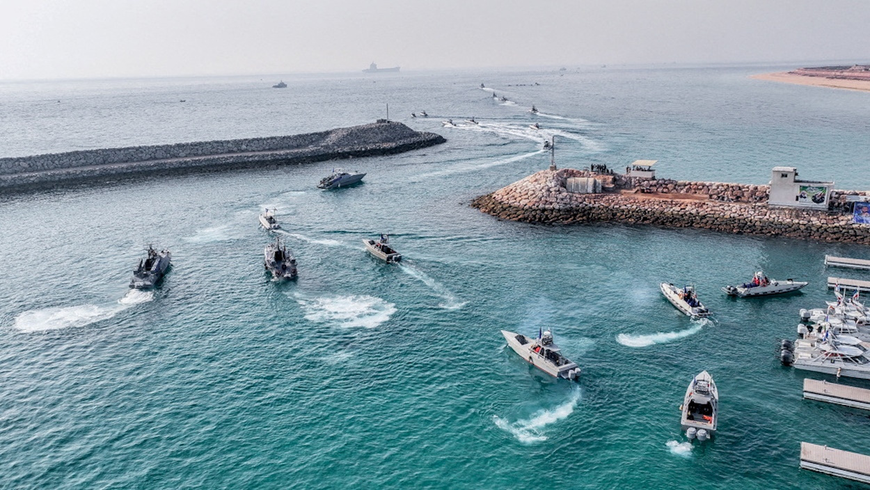 FILE PHOTO: Islamic Revolutionary Guard Corps (IRGC) Navy's speedboats move during an exercise in Abu Musa Island, in this picture obtained on August 2, 2023. IRGC