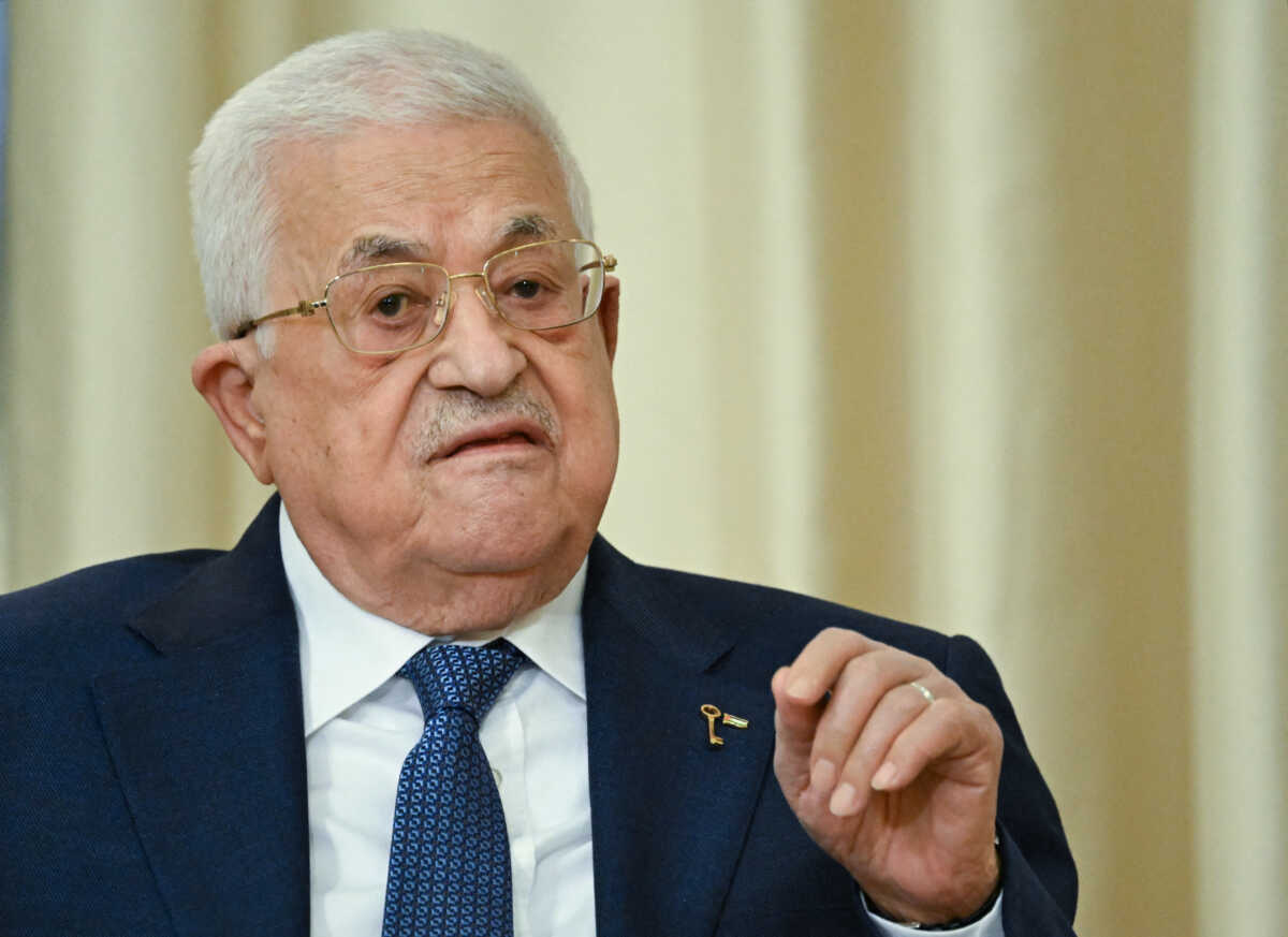 Palestinian President Mahmoud Abbas attends a meeting with Russian President Vladimir Putin outside Moscow, Russia August 13, 2024. Sputnik