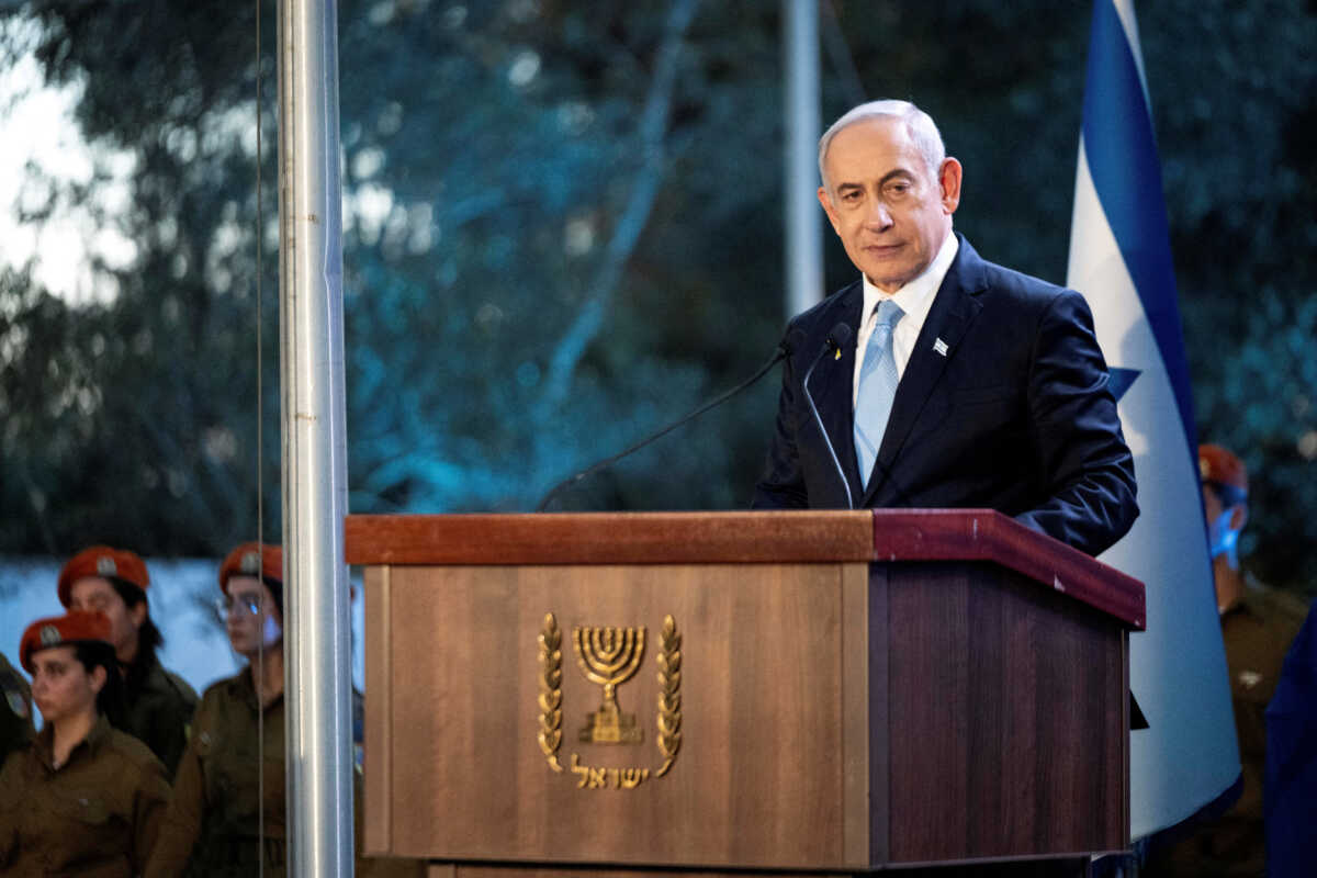 Israeli Prime Minister Benjamin Netanyahu speaks at a state memorial ceremony for Zeev Jabotinsky, founder of the Revisionist Zionist movement, amid the ongoing Israel-Hamas conflict at Mount Herzl military cemetery in Jerusalem, August 4, 2024. Naama Grynbaum