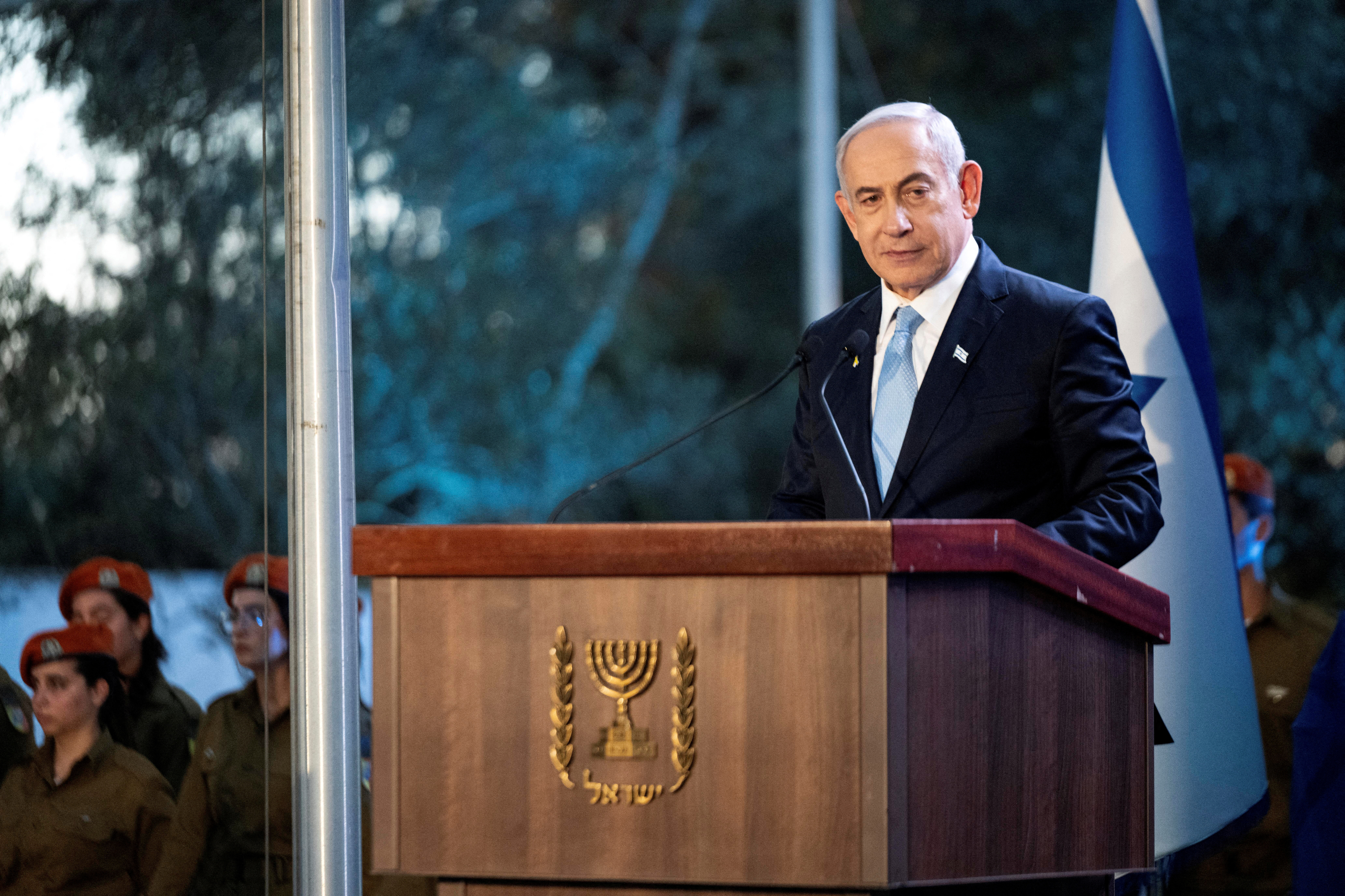 Israeli Prime Minister Benjamin Netanyahu speaks at a state memorial ceremony for Zeev Jabotinsky, founder of the Revisionist Zionist movement, amid the ongoing Israel-Hamas conflict at Mount Herzl military cemetery in Jerusalem, August 4, 2024. Naama Grynbaum