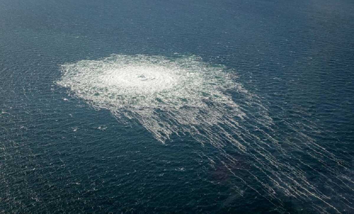 FILE PHOTO: Gas bubbles from the Nord Stream 2 leak reaching surface of the Baltic Sea in the area shows disturbance of well over one kilometre diameter near Bornholm, Denmark, September 27, 2022.  Danish Defence Command