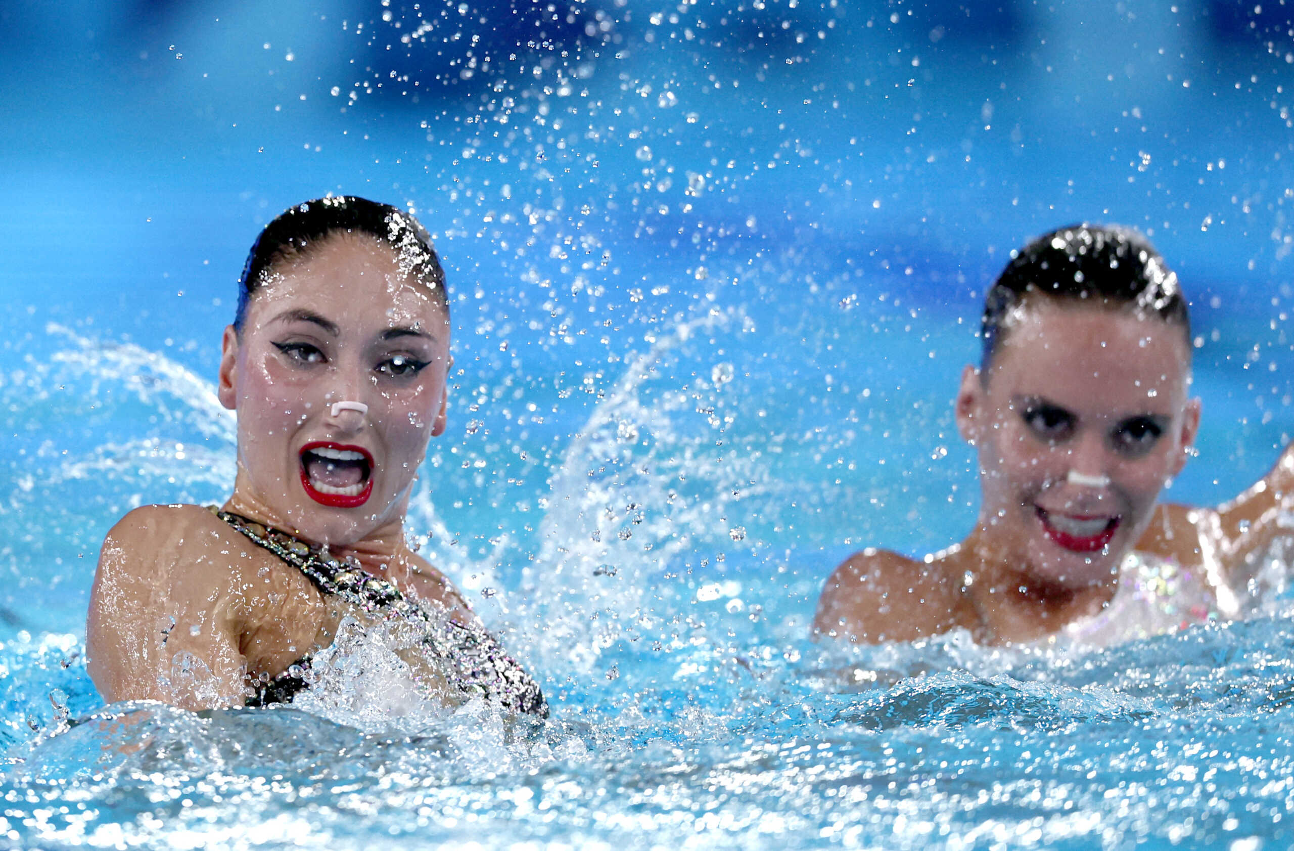 Paris 2024 Olympics - Artistic Swimming - Duet Free Routine - Aquatics Centre, Saint-Denis, France - August 10, 2024. Sofia Evangelia Malkogeorgou of Greece and Evangelia Platanioti of Greece perform. REUTERS