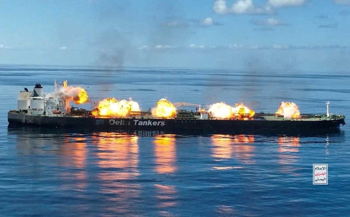 FILE PHOTO: FILE PHOTO: Explosions take place on the deck of the Greek-flagged oil tanker Sounion on the Red Sea, in this handout picture released August 29, 2024. Houthi Military Media