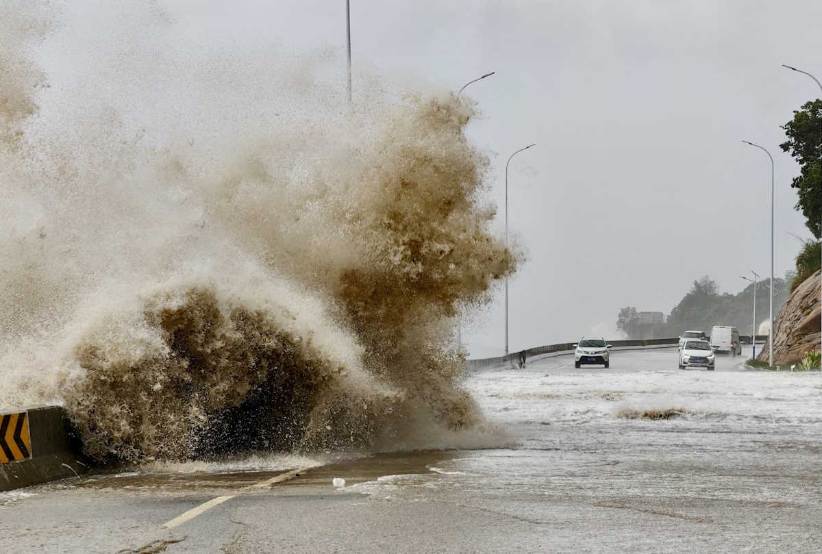 FILE PHOTO: Waves crash on the coast of Sansha town as Typhoon Gaemi approaches, in Ningde, Fujian province, China July 25, 2024. cnsphoto via REUTERS