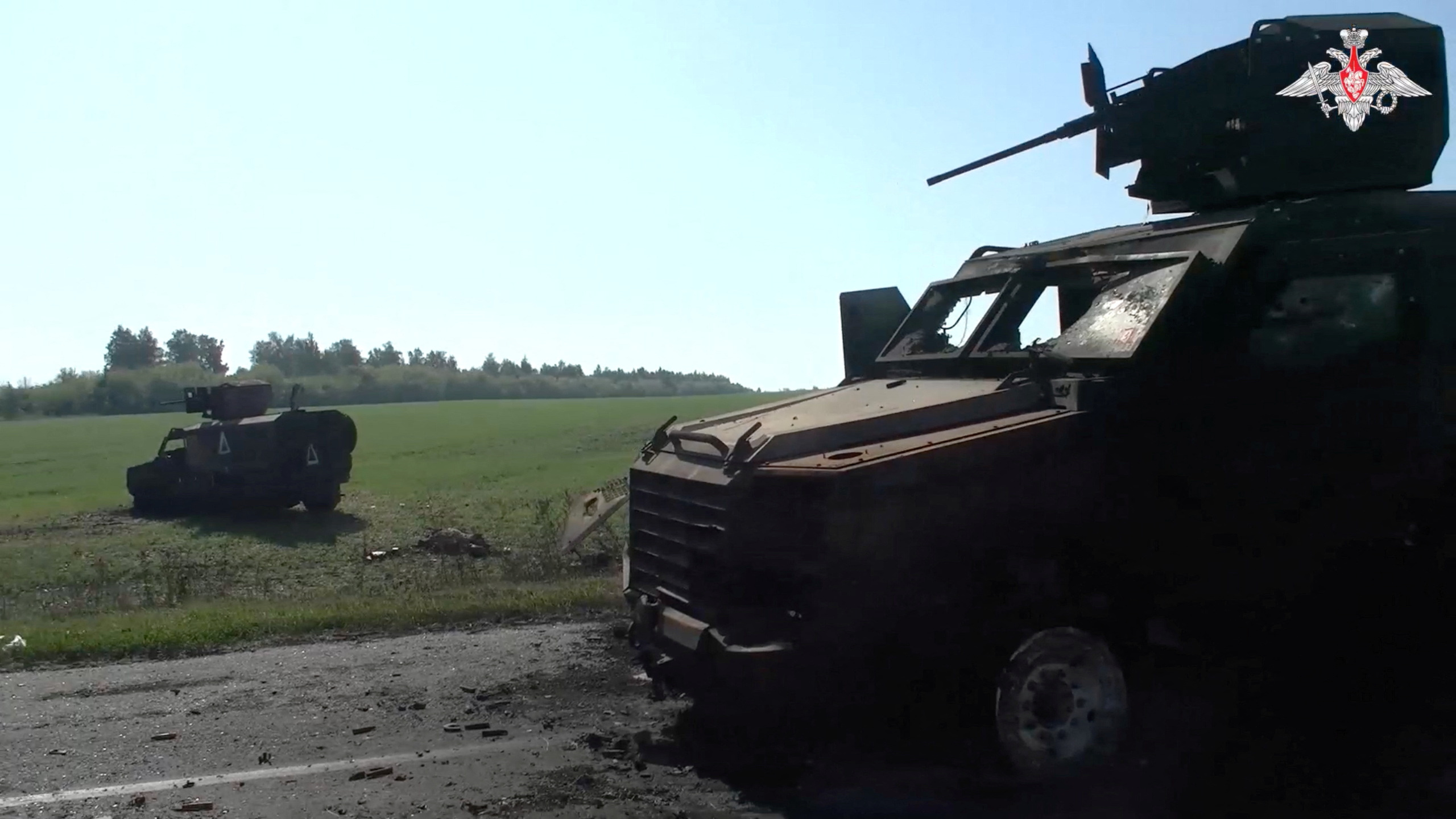 A view shows damaged military vehicles, what is said to be a Ukrainian convoy destroyed by soldiers of the Russian naval infantry in the course of Russia-Ukraine conflict in the Kursk region, Russia, in this still image from video released August 20, 2024. Russian Defence Ministry
