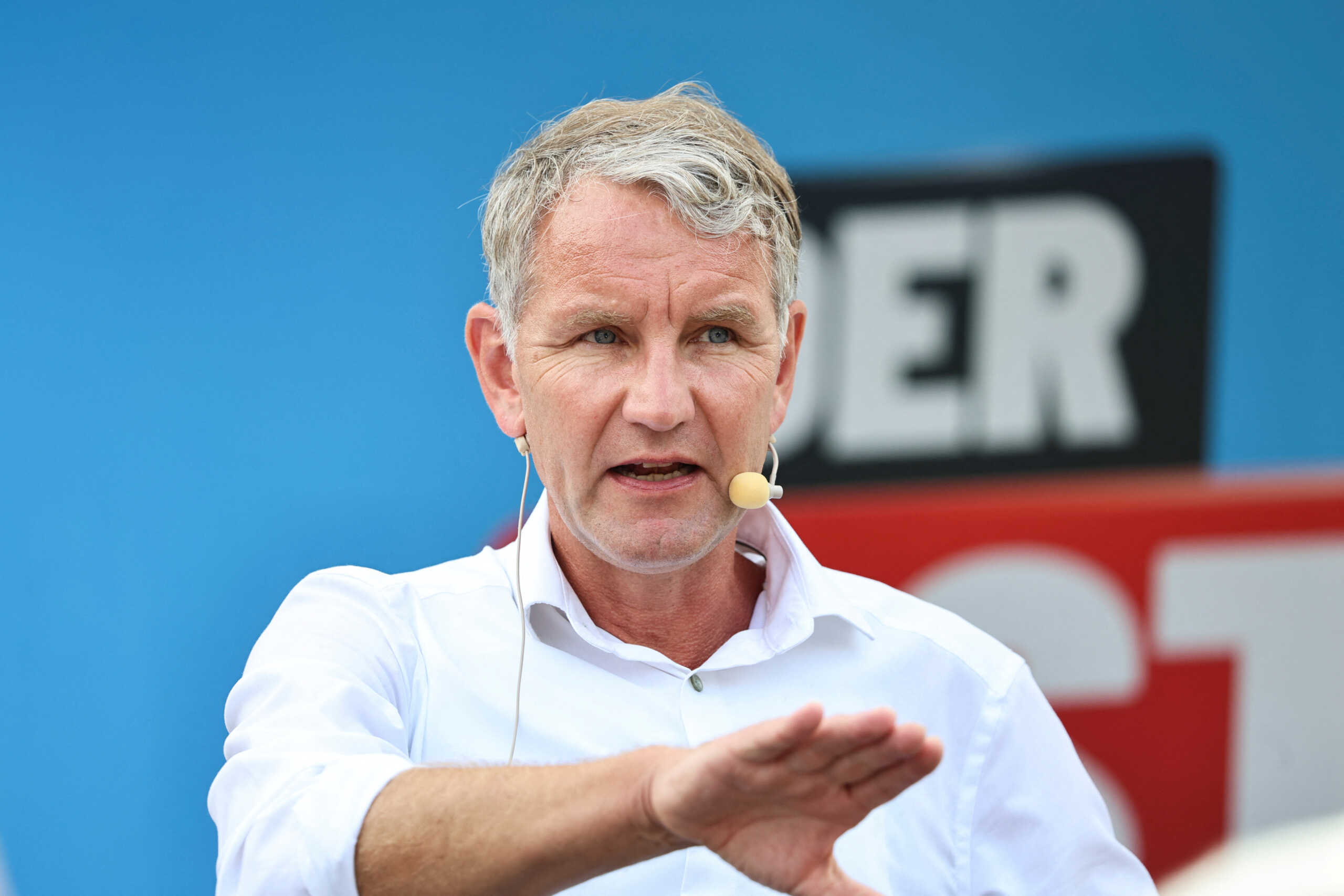 Bjoern Hoecke, leader of the Alternative for Germany in Thuringia (AfD), speaks during an election campaign rally for the Thuringia state elections in Erfurt, Germany, August 20, 2024. REUTERS