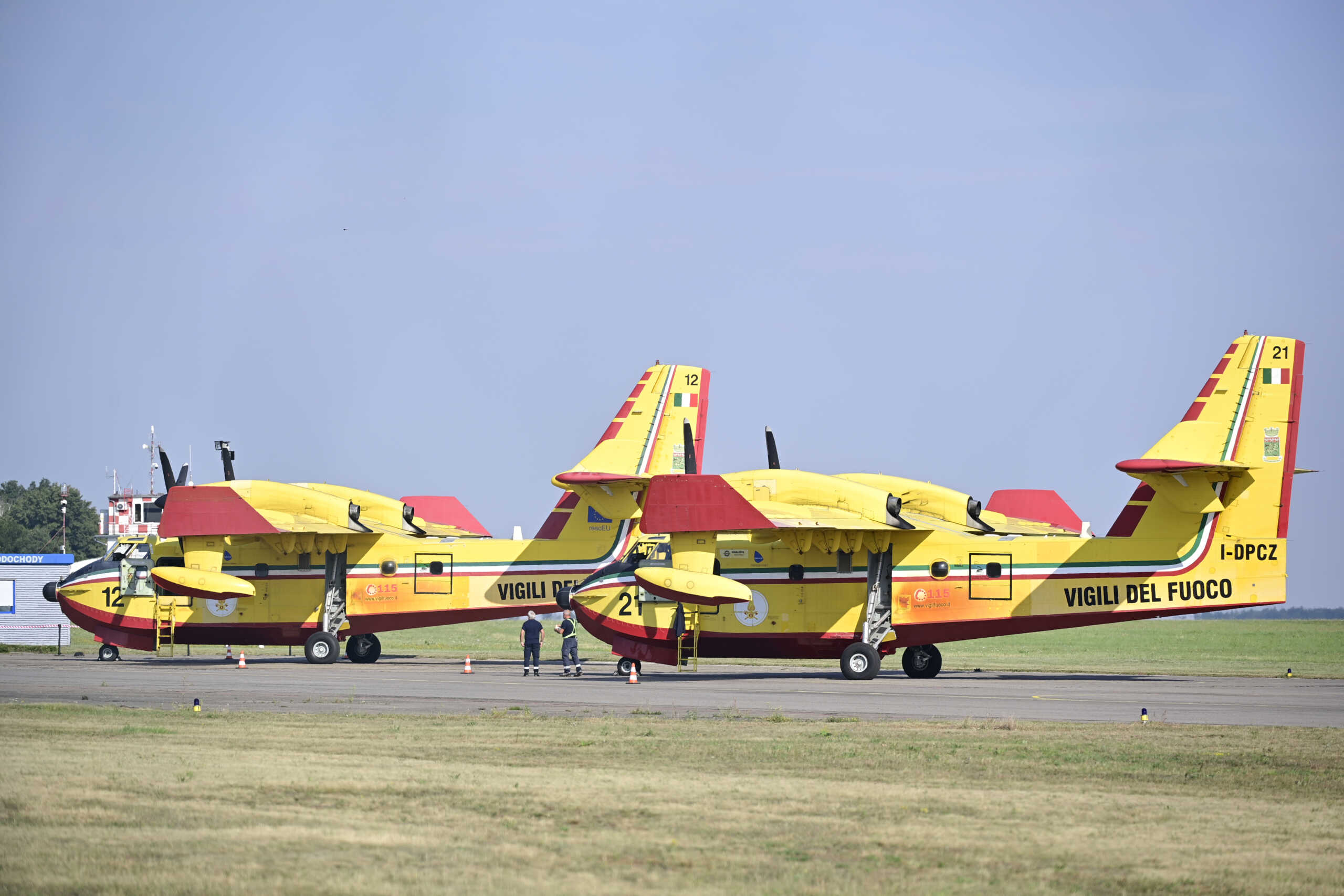 Canadair CL-415, firefighting planes from Italy, landed at an airport in Odolena Voda near Prague, Czech Republic, on July 27, 2022, to help extinguish the extensive fire in the Ceske Svycarsko (Czech Switzerland) National Park. Photo