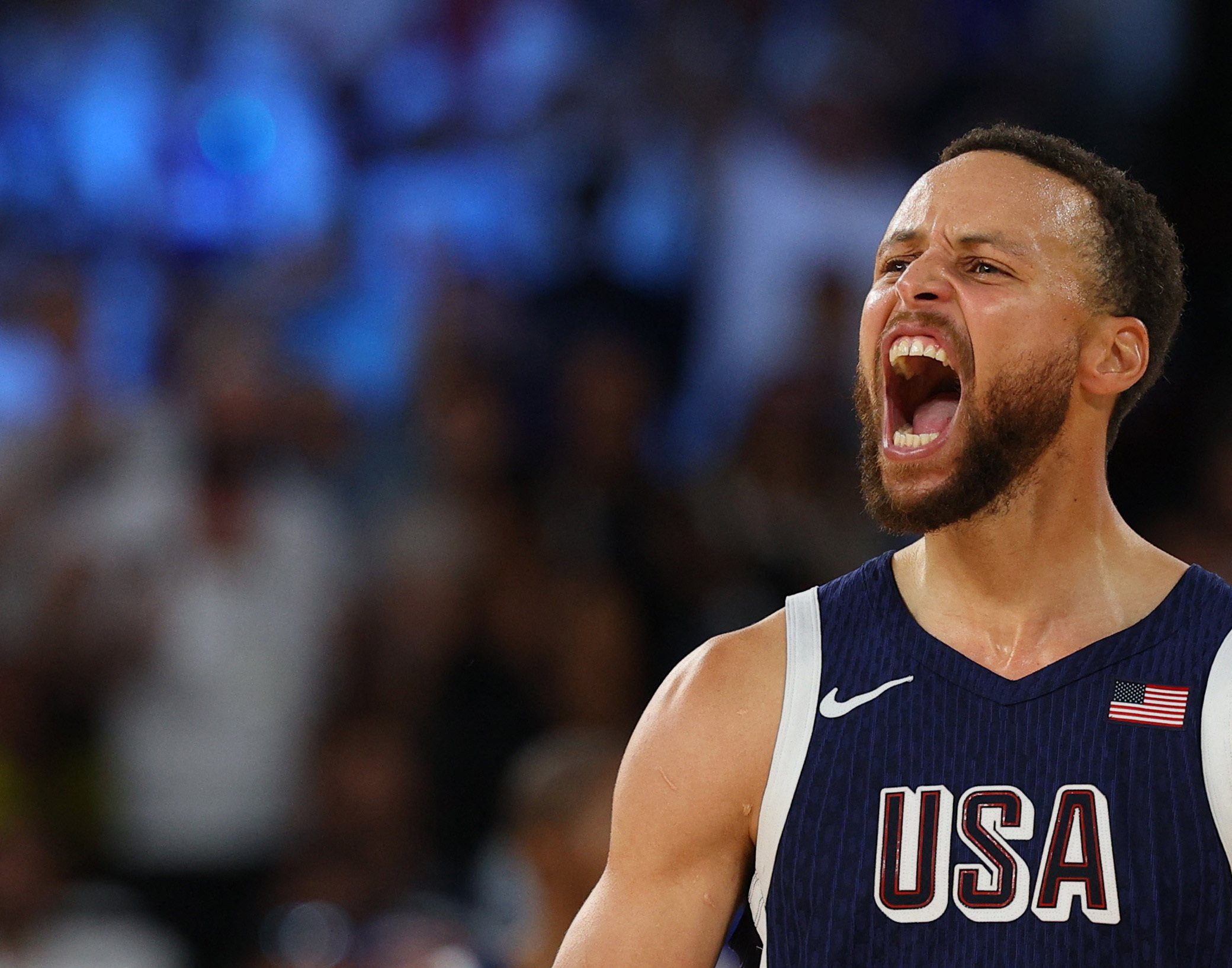 Paris 2024 Olympics - Basketball - Men's Gold Medal Game - France vs United States - Bercy Arena, Paris, France - August 10, 2024. Stephen Curry of United States reacts during the gold medal game. REUTERS