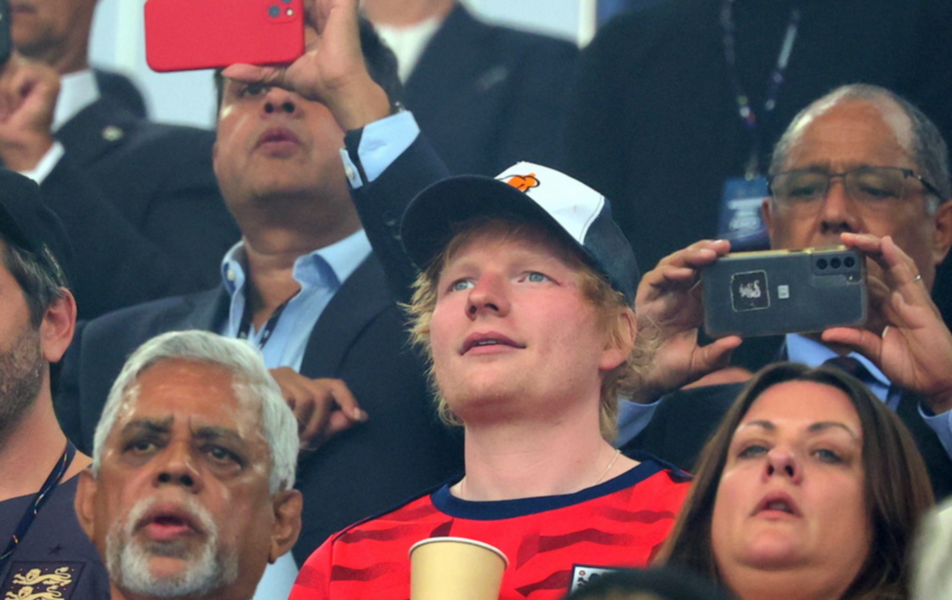epa11470954 British singer-songwriter Ed Sheeran watches during the UEFA EURO 2024 semi-finals soccer match between Netherlands and England, in Dortmund, Germany, 10 July 2024.  EPA