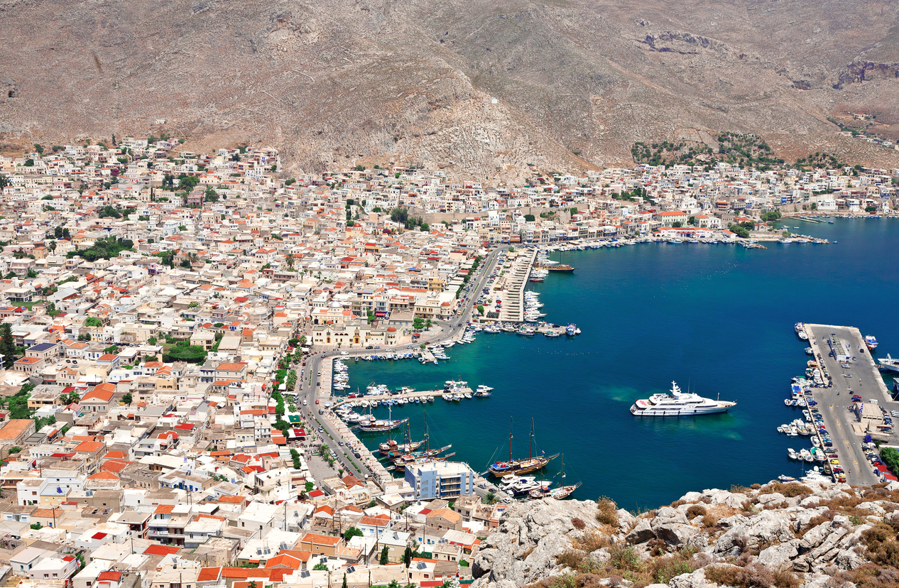 View of Pothia, the port town of Kalymnos island, Greece.