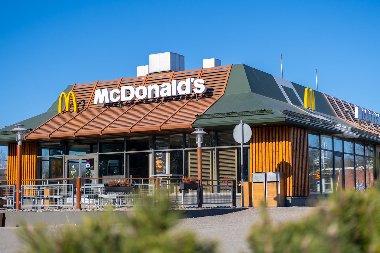 McDonalds restaurant exterior. View of the fast food restaurant on sunny day. FInland, Vantaa, 28feb2020.