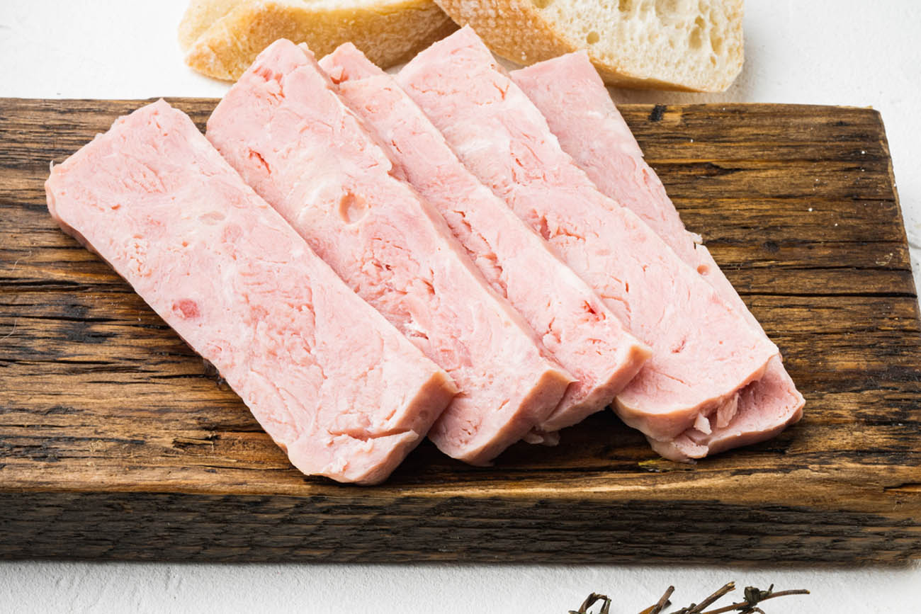 Spam sandwich set, on white stone table background
