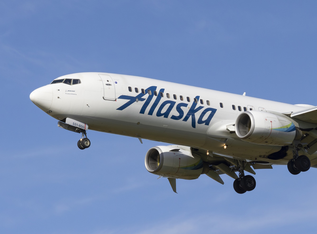 Portland, Oregon, USA - May 28, 2023: An Alaska Airlines Boeing 737 comes in for a landing at Portland International Airport.