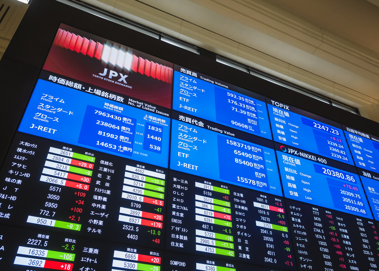 Tokyo, Japan - Jul 14, 2023 : JPX Tokyo Stock Exchange Stock market price board display at Japan economic Headquarter Building located in Chuo-Ku, Tokyo Japan