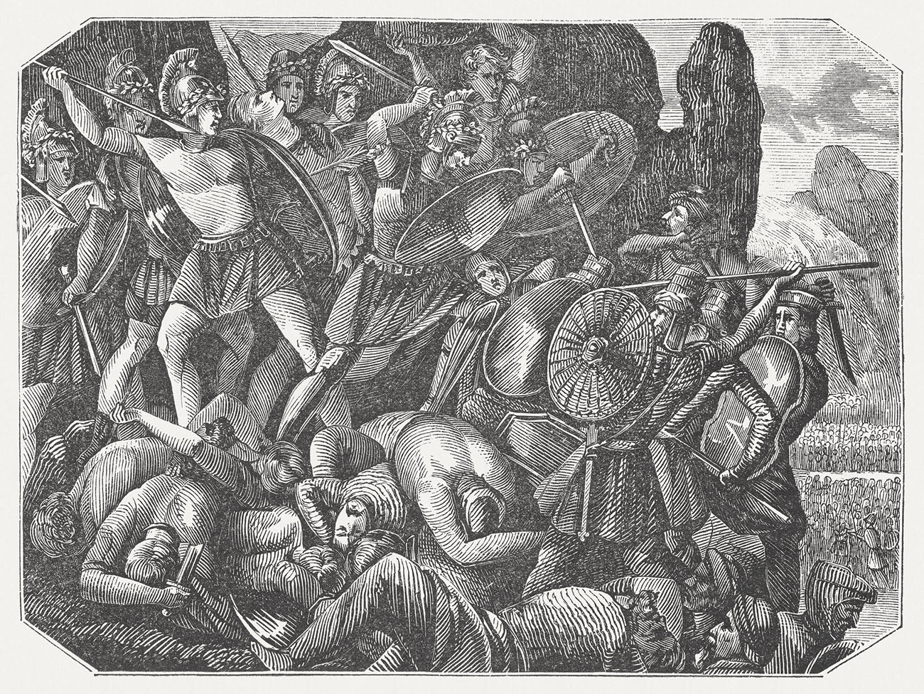 The multi-day Battle of Thermopylae took place at the beginning of the Second Persian War, probably about 11 August 480 BC, instead. The place is primarily known for the battle that took place there between the Greek forces including the Spartans and the Persian forces with her leader Xerxes I. Woodcut engraving, published in 1864.