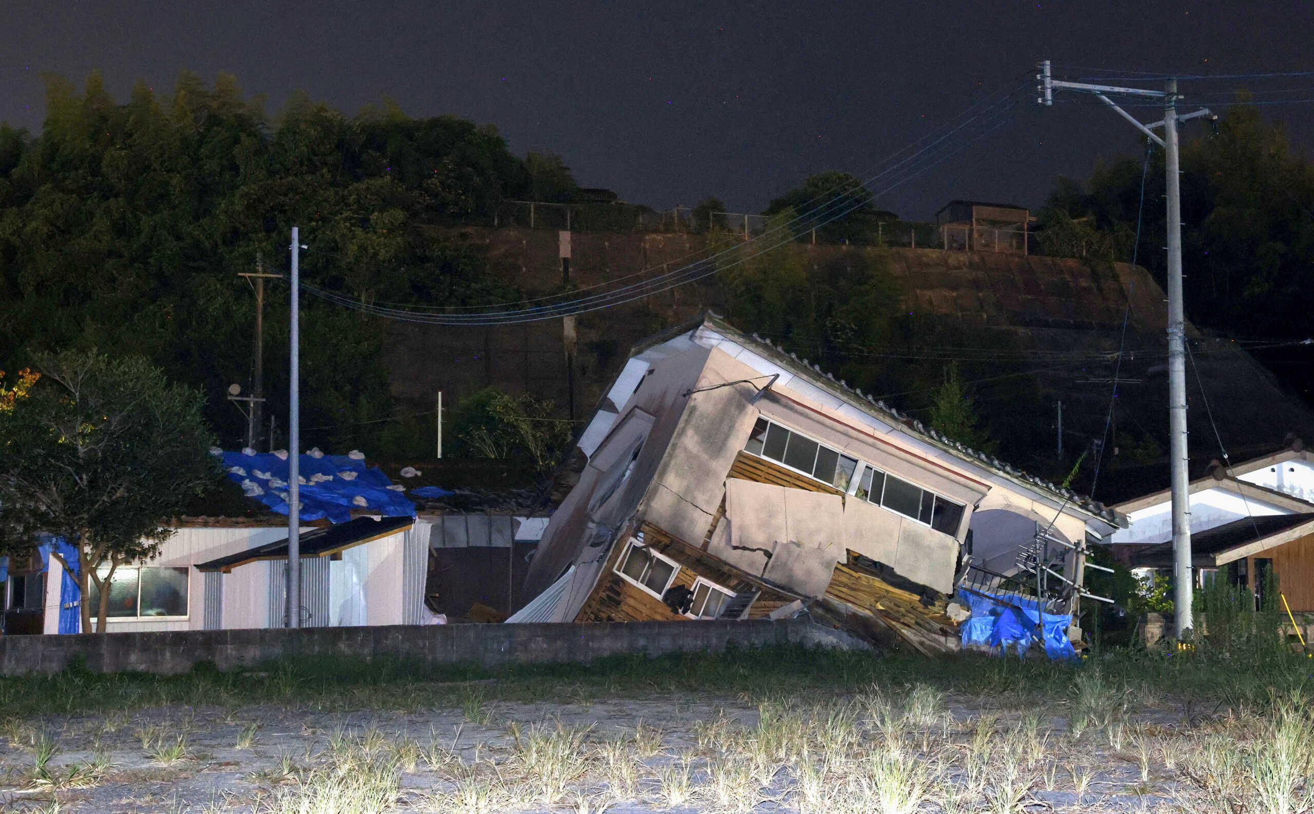 A collapsed house is seen following an earthquake in Osaki town, Kagoshima prefecture, southwestern Japan, August 8, 2024, in this photo taken by Kyodo. Mandatory credit Kyodo