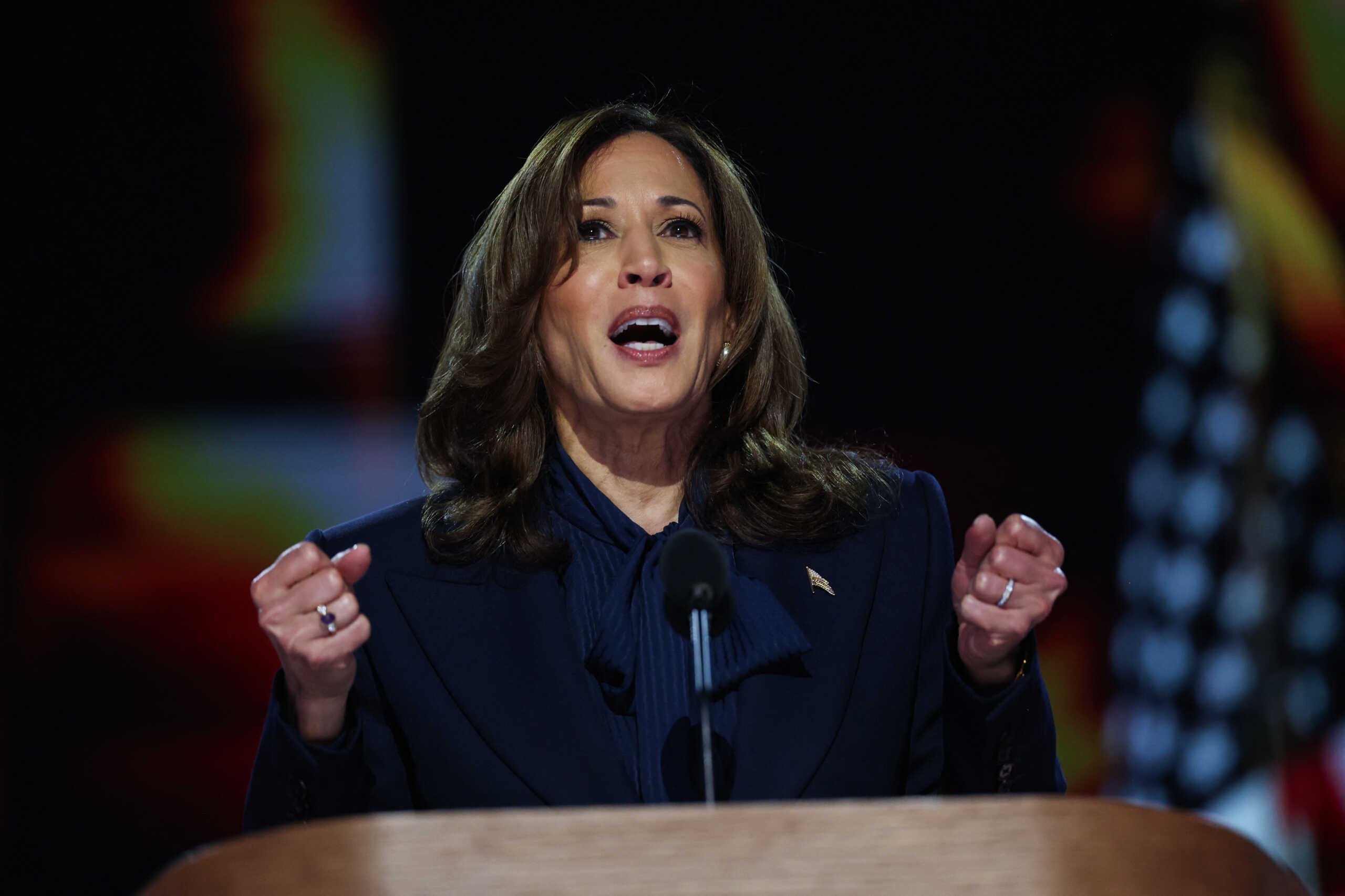 Democratic presidential nominee and U.S. Vice President Kamala Harris speaks on Day 4 of the Democratic National Convention (DNC) at the United Center in Chicago, Illinois, U.S., August 22, 2024. REUTERS