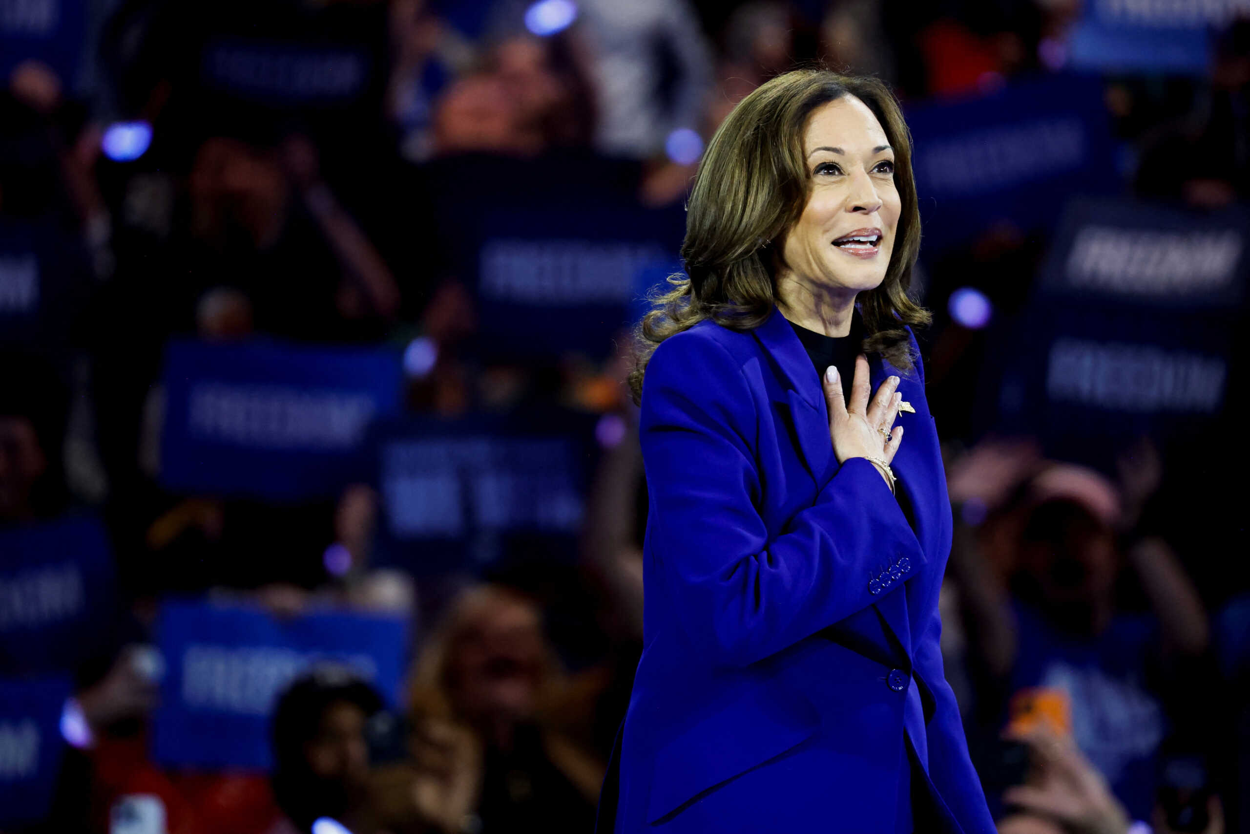 U.S. Vice President and Democratic presidential candidate Kamala Harris reacts during a campaign rally in Milwaukee, Wisconsin, U.S. August 20, 2024.  REUTERS